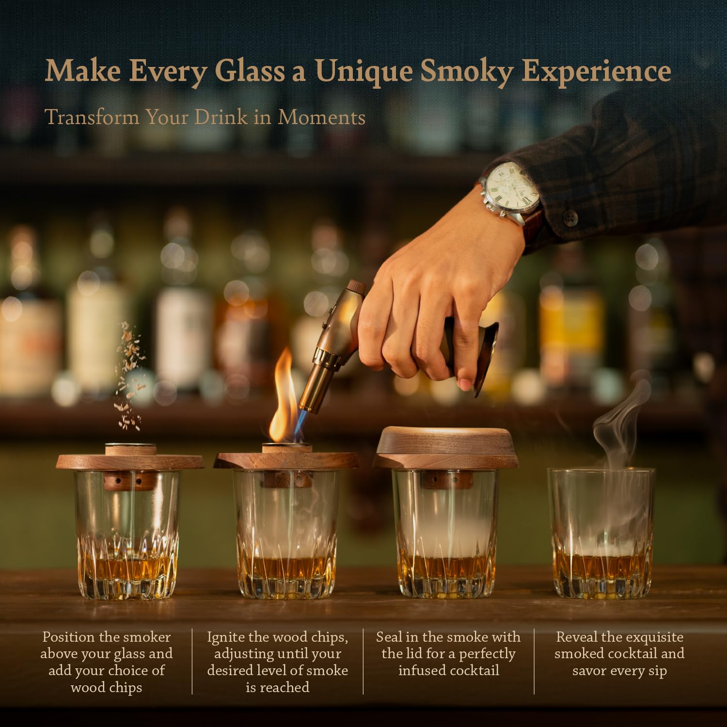 Premium Cocktail Smoker Kit by Wild Shimmer - Whiskey Smoking Set with Torch, Wooden Box & 4 Natural Wood Chip Flavors | Best Bourbon Gift for Men & Home Bartenders | Perfect for Cocktail Parties, Home Bars & Whiskey Tasting Events