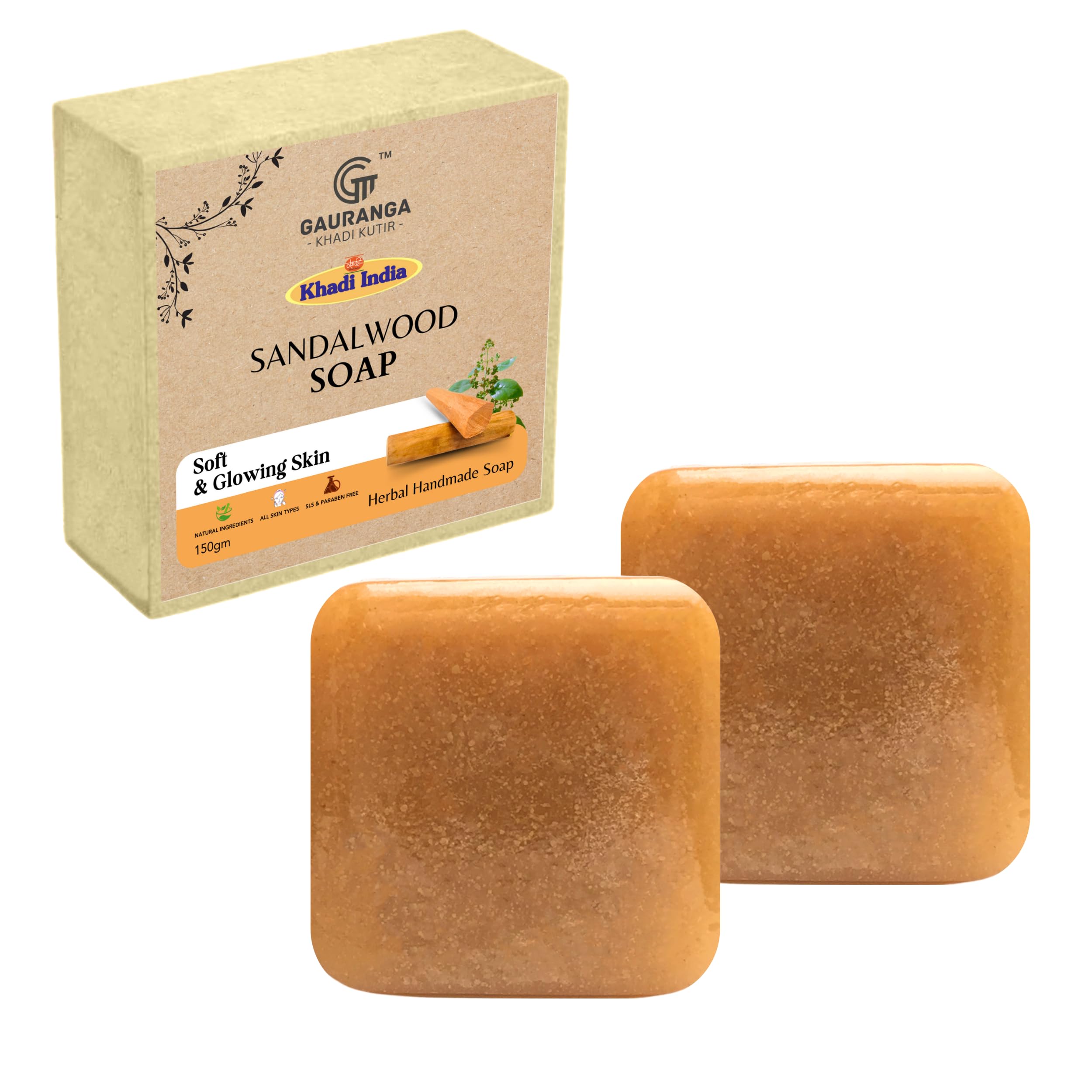 Khadi Sandalwood Soap - 150g (Pack of 2) | Gauranga Khadi Handmade Premium Natural Soap for Face & Body - Exfoliating, Detoxifying, Acne & Dark Spot Treatment - Ideal for Daily Skincare Routine & Spa Days