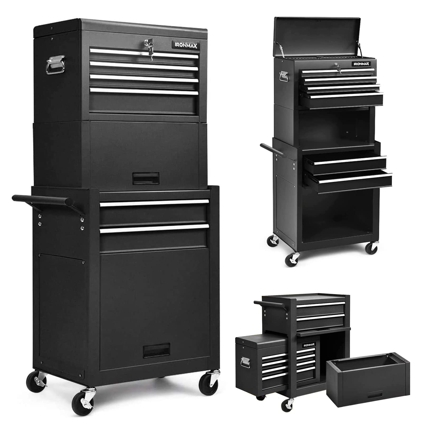 Goplus 6-Drawer Rolling Tool Chest with Auto Locking System - 3-in-1 Tool Box Organizer with Lockable Wheels, Sliding Drawers & Detachable Top - Heavy Duty Tool Storage Cabinet for Garage, Workshop, Home DIY & Professional Use (Black)