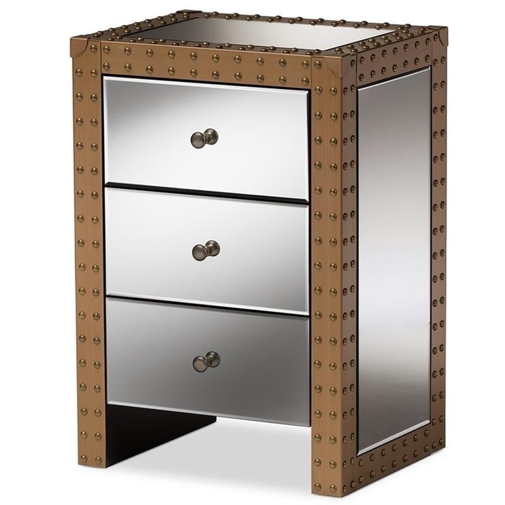 BOWERY HILL 3 Drawer Mirrored Nightstand - Silver & Natural Finish - Modern Bedside Table for Bedroom Decor & Storage