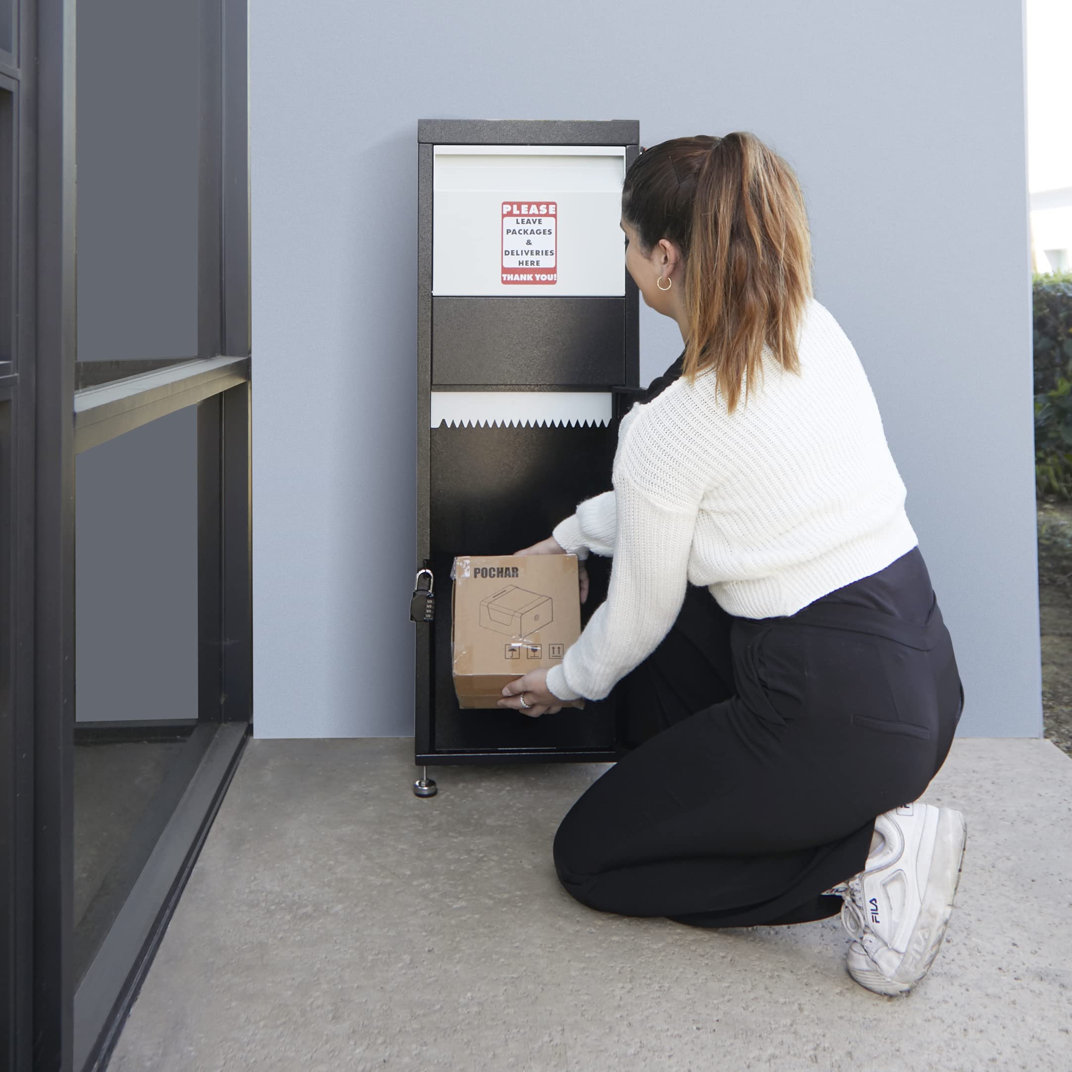 Secure Locking Parcel Drop Box 15x11.25x45.25 Inch - Weatherproof Package Safe with Key & Combination Lock, Red Flag Alert, Mounting Hardware - Ideal for Home, Business & Apartment Package Delivery Security - Perfect for Front Porch, Garage & Office Building Package Protection