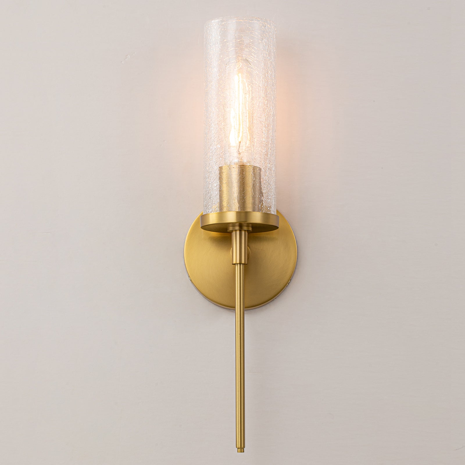 Glowlings 1-Light Brass Cylinder Crackle Clear Glass Wall Sconce - Elegant Indoor Lighting for Bedroom, Living Room & Hallway Decor