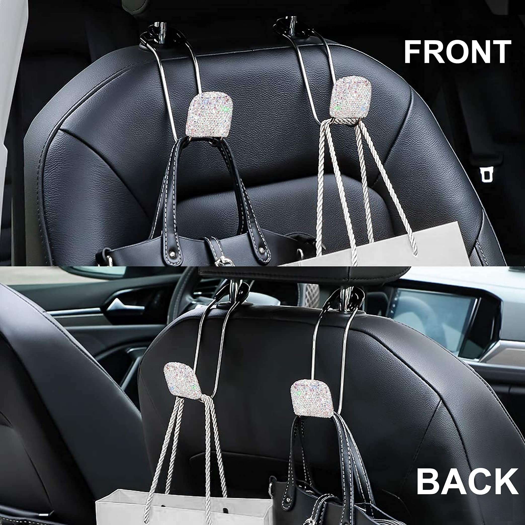Universal Bling Car Seat Back Hook - Stainless Steel Rhinestone Headrest Hook for Purse, Handbag, Grocery Bag & Umbrellas - 2PCS (AB) - Perfect for Car Organization & Stylish Storage Accessories