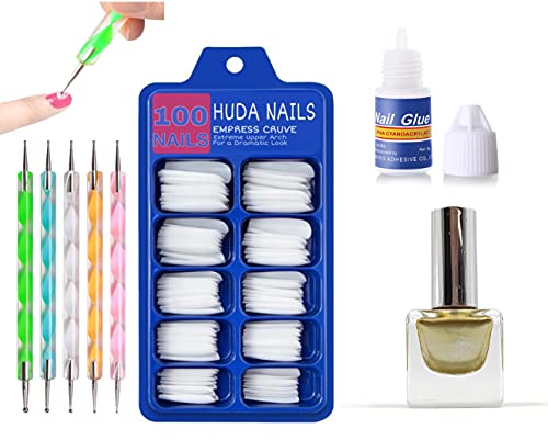 Huda Beauty Nail Art Kit for Girls - 100Pcs Natural Look Fake Nails Set with Nail Glue, 5 Dotting Pens & Long Lasting Golden Nail Polish | DIY Manicure, Salon Quality Nails, Party & Special Occasion Ready