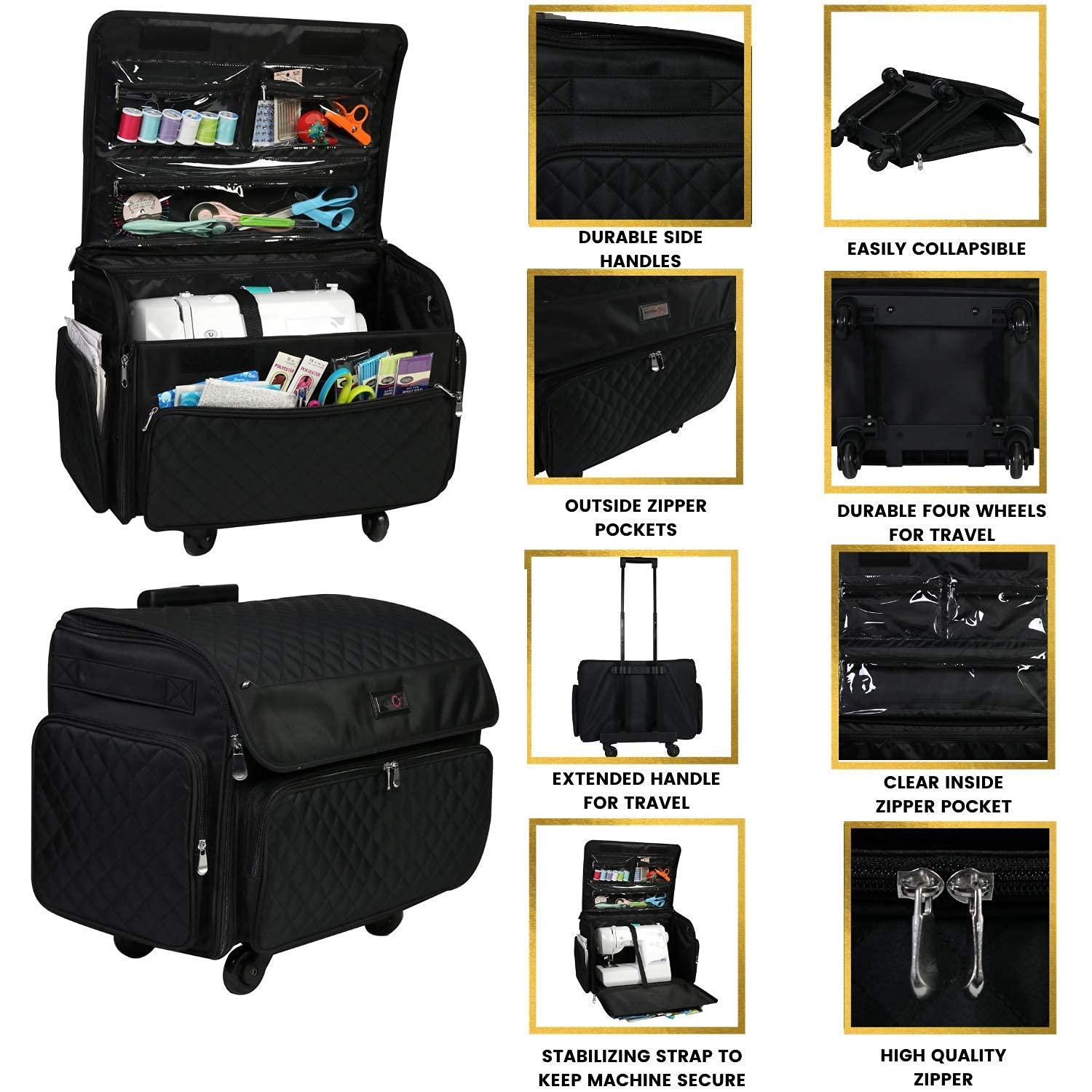 Everything Mary 4-Wheel Collapsible Deluxe Sewing Machine Storage Case - Black Rolling Trolley Carrying Bag for Brother, Singer, Bernina & Most Sewing Machines - Travel Tote Organizer for Accessories - Perfect for Home, Studio & Sewing Classes