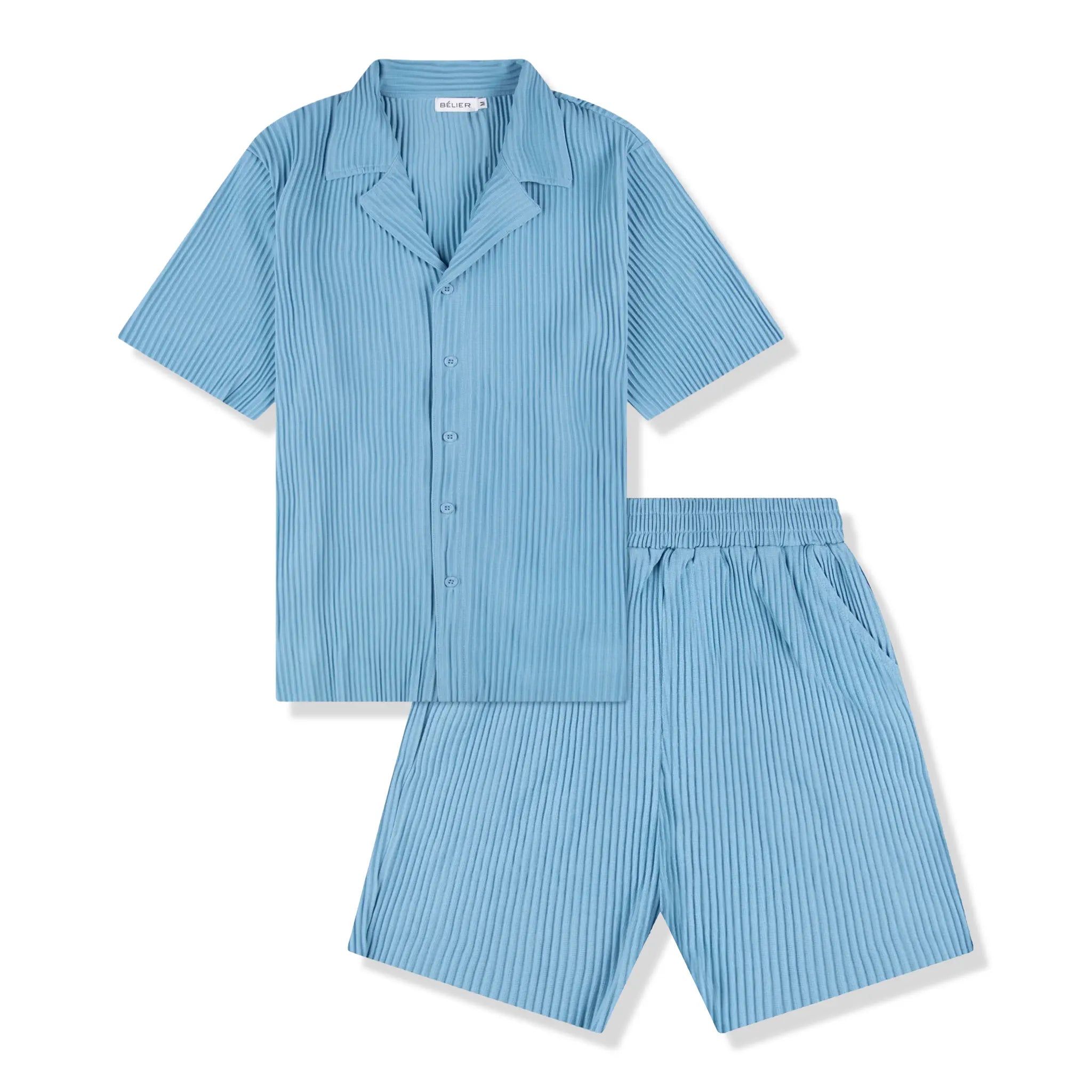 Belier Pleated Light Blue Resort Shirt & Shorts Set - Stylish Summer Outfit for Men - Perfect for Beach Vacation, Pool Party, and Tropical Getaways