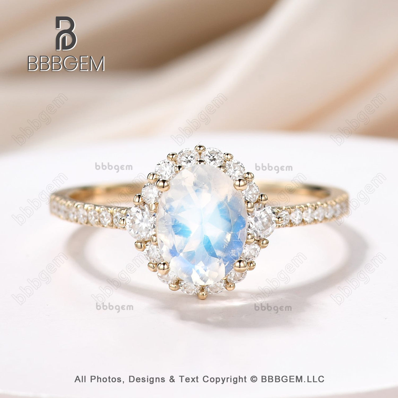 6X8mm Oval Moonstone Wedding Ring with Moissanite Halo in 18K Yellow Gold - Elegant Bridal Ring for Women, Perfect Christmas Gift for Anniversary, Engagement or Special Occasions