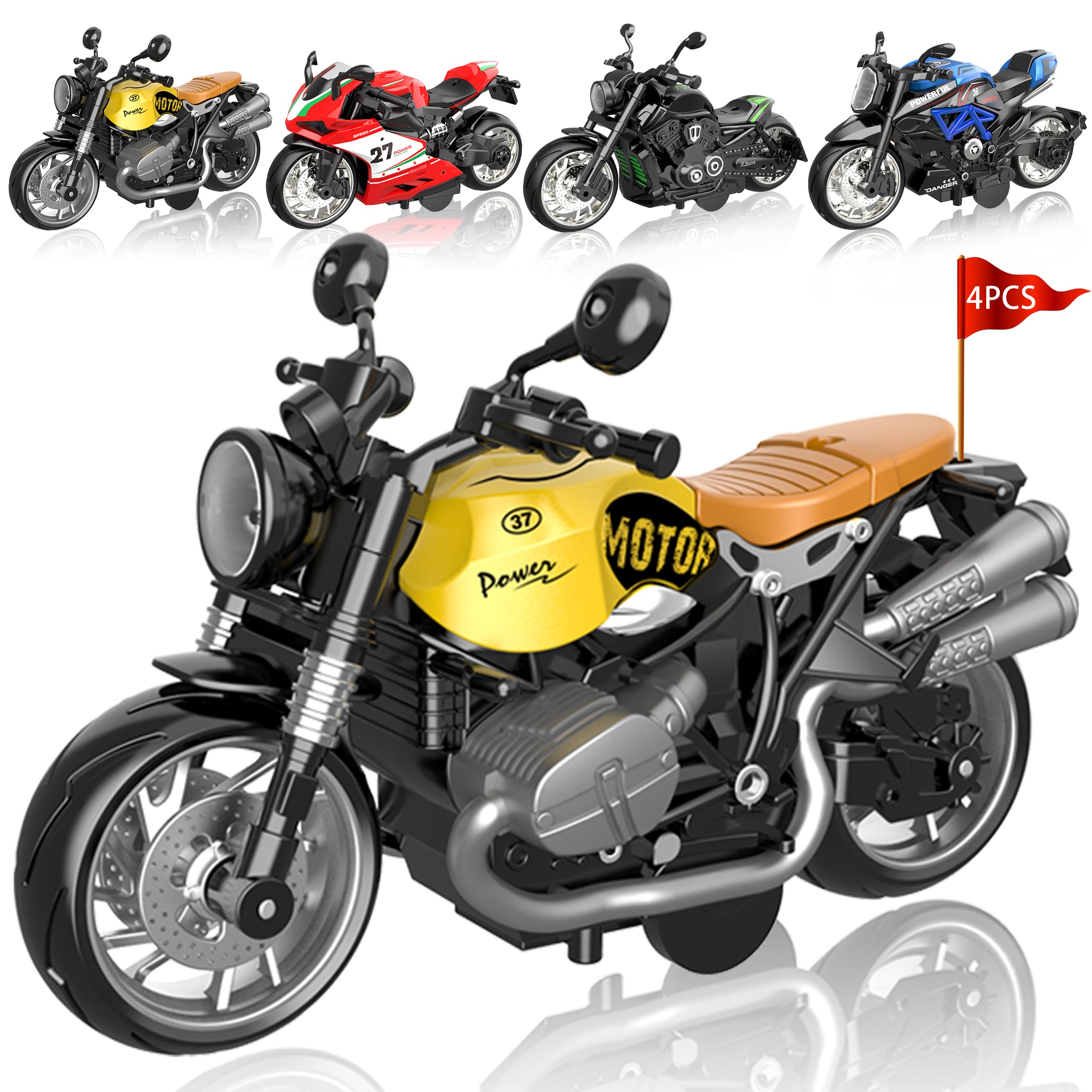 4-Pack Pull-Back Friction Powered Motorcycle Toy Cars with Lights & Sounds - Automatic Drive Ride-On Toys for Boys Girls Ages 3-12 - Perfect for Birthday Gifts, Indoor Play & Pretend Racing Games