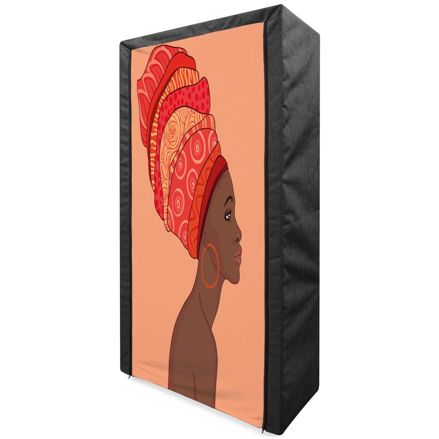 Ambesonne African Portable Fabric Wardrobe - Exotic Young Native Girl with Traditional Turban Folk Art Design, 33.5 Inch Clothing Organizer with Shelves, Chocolate Salmon Color - Perfect for Bedroom, Closet, Dorm Room & Travel Storage