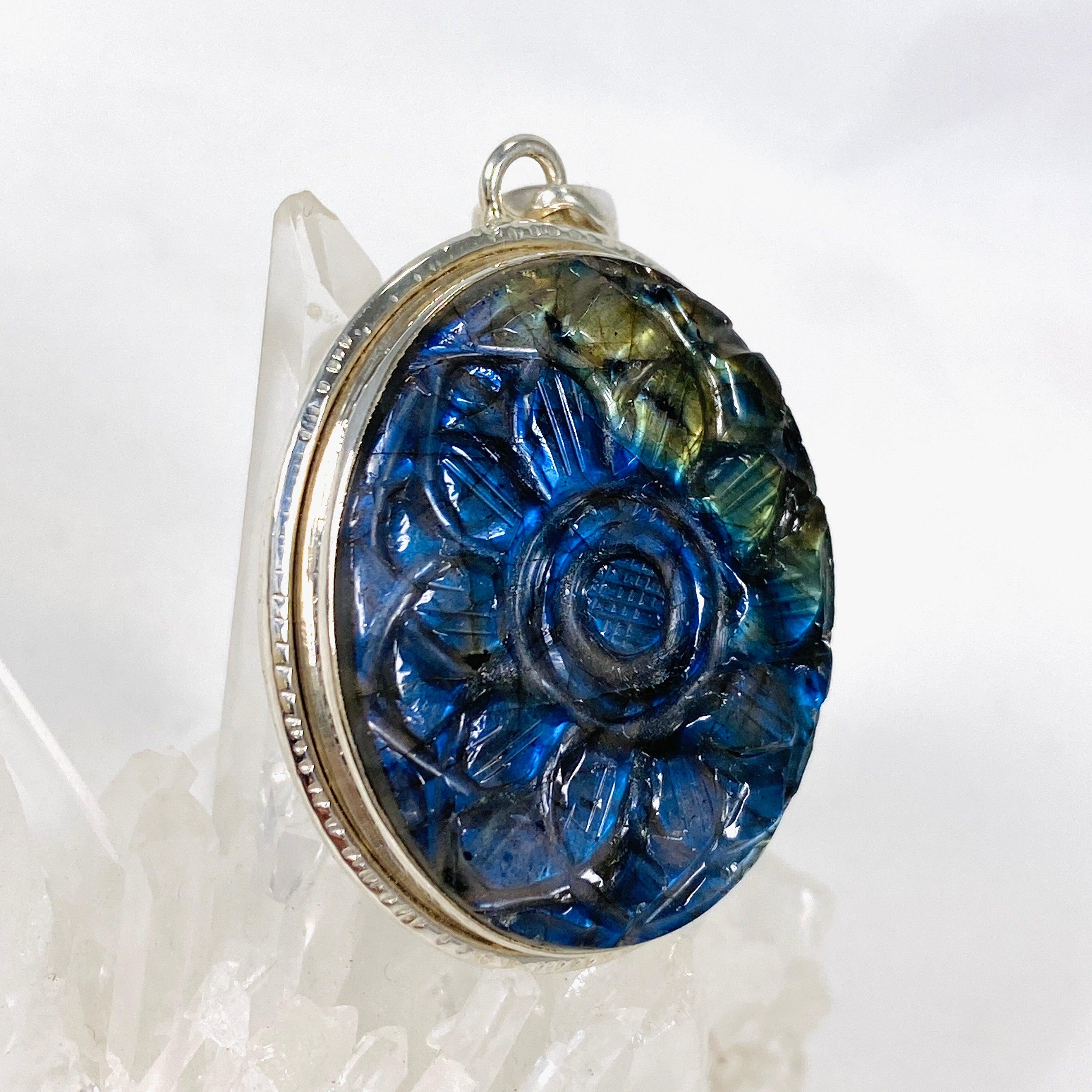 Natural Labradorite Oval Flower Carved Pendant KPGJ2509 - Elegant Jewelry for Women, Perfect for Gifts, Parties & Special Occasions