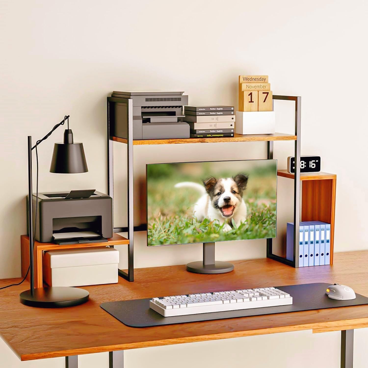 Wood Desk Shelf with RGB Lights - 2 Tier Organizer for 28
