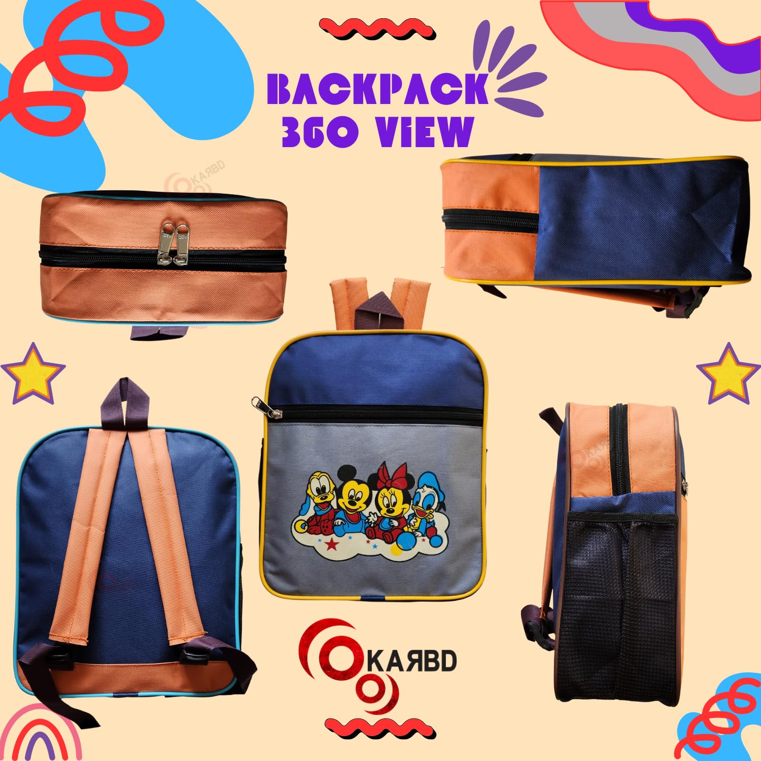 KARBD 12 Inch Mickey Mouse Backpack for Boys & Girls - Kids School Bag with Multiple Pockets, Compartments & Bottle Holder - Lightweight Durable Toddler Backpack (Grey Blue) - Perfect for School, Travel & Daycare