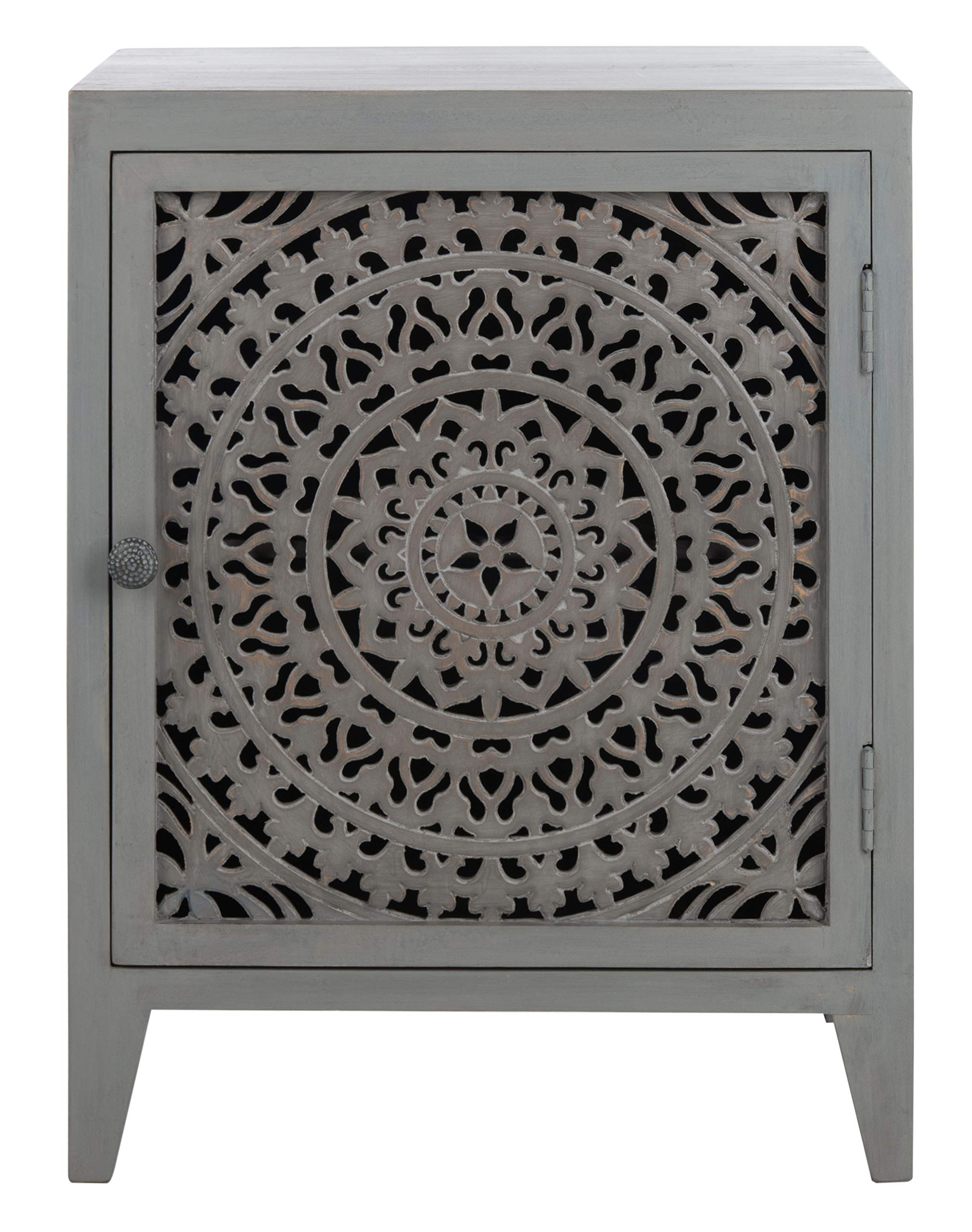 Safavieh Home Thea Brown 1-Door Carved Mandala Nightstand - Elegant Bedside Table with Storage for Bedroom Decor