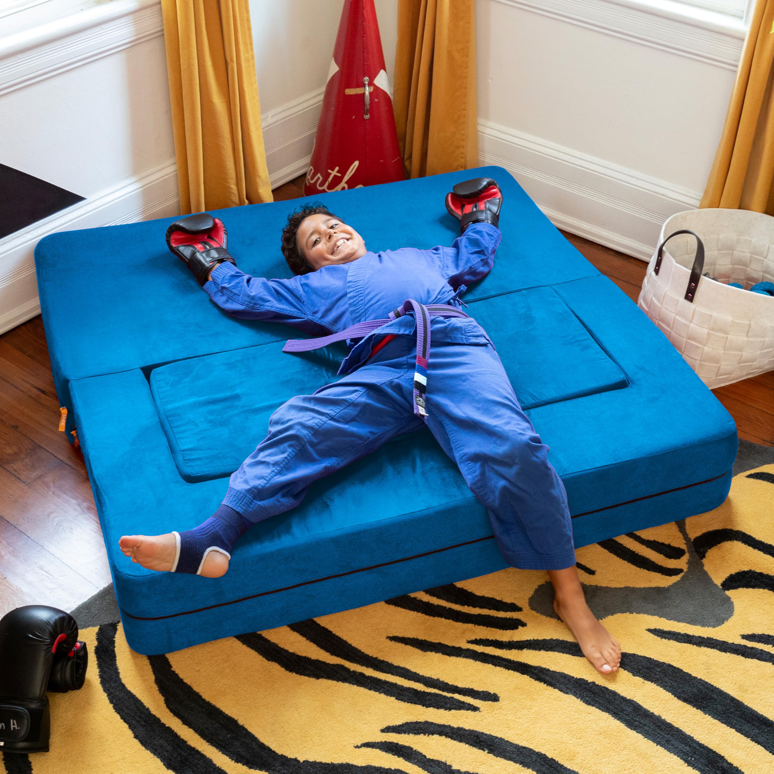 Jaxx Zipline Kids Sofa & Large Ottoman 3-in-1 Fold Out Convertible Sofa Bed - Big Kids Edition in Blueberry - Perfect for Playroom, Bedroom or Lounge Area