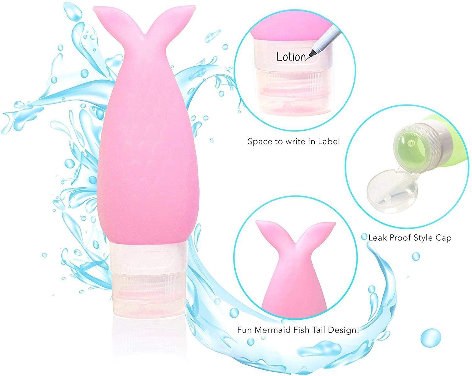 **Mermaid Style Silicone Travel Bottles Set - Leakproof, Squeezable & Refillable Toiletry Containers for Shampoo, Cosmetics, Liquids - BPA Free, Screw Top - Perfect for Vacations, Gym, and Air Travel**