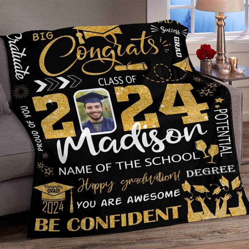 YESCUSTOM Personalized Graduation 2025 Photo Blanket - Custom Name & Text Throw Blanket with Big Dream Design - Perfect Graduation Gift for Son, Daughter, High School & College Students - Great for Dorm Rooms, Home Decor & Commemorative Keepsakes