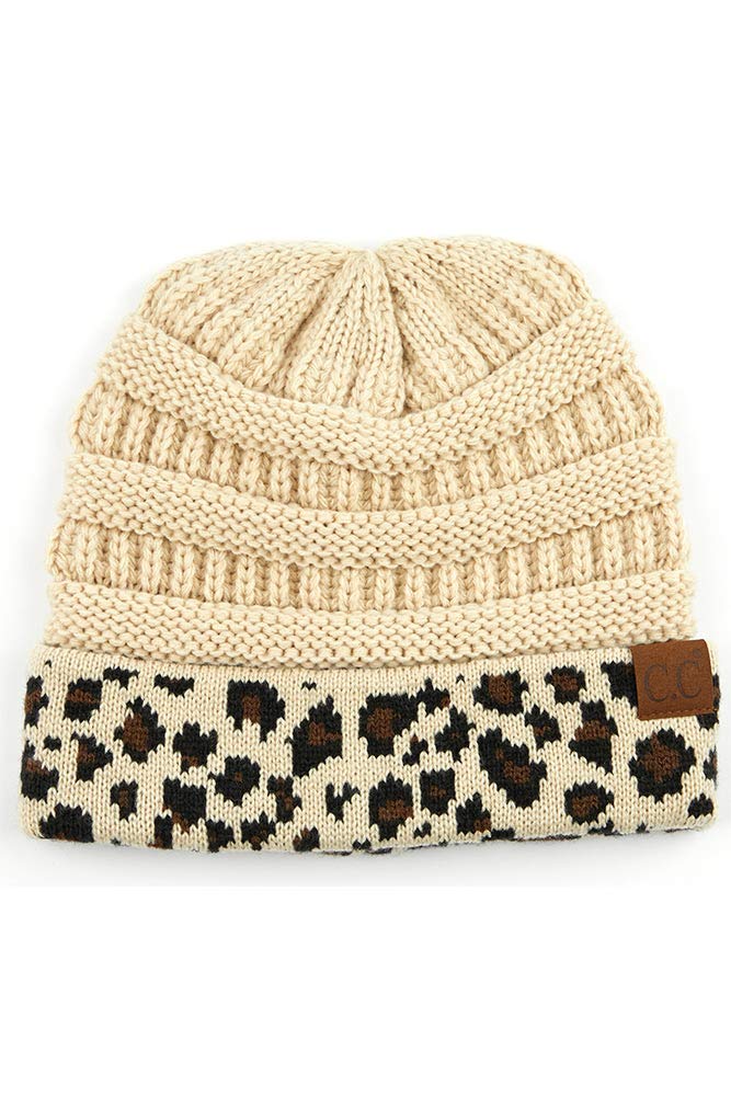 ScarvesMe Women's Classic Solid Color Beanie with Leopard Cuff - Warm Skull Cap for Winter Fashion, Outdoor Activities & Casual Wear