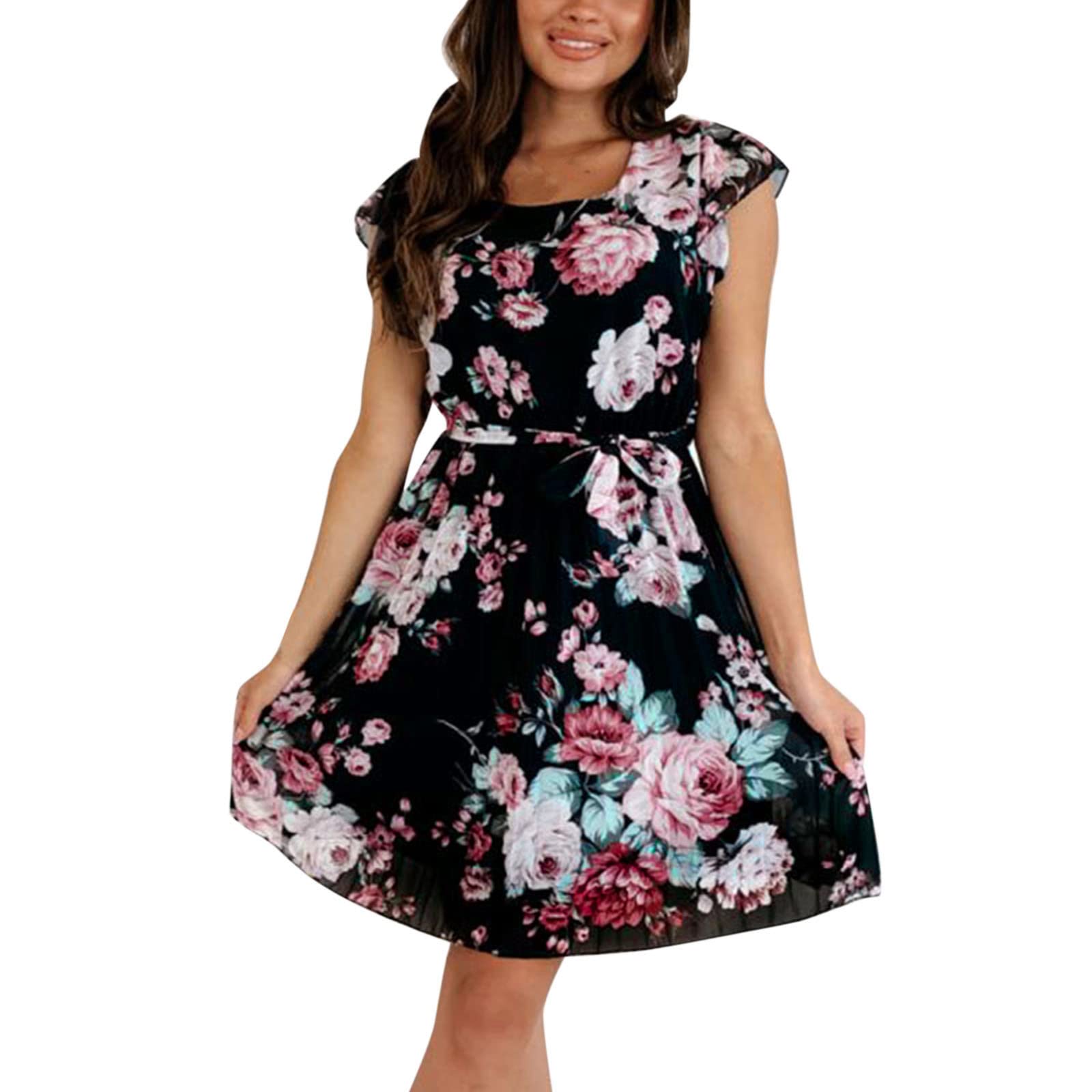 Women's Floral Mini Dress - Short Sleeve O-Neck Boho Summer Casual Dress in Peach | Perfect for Beach Vacations, Date Nights & Summer Parties