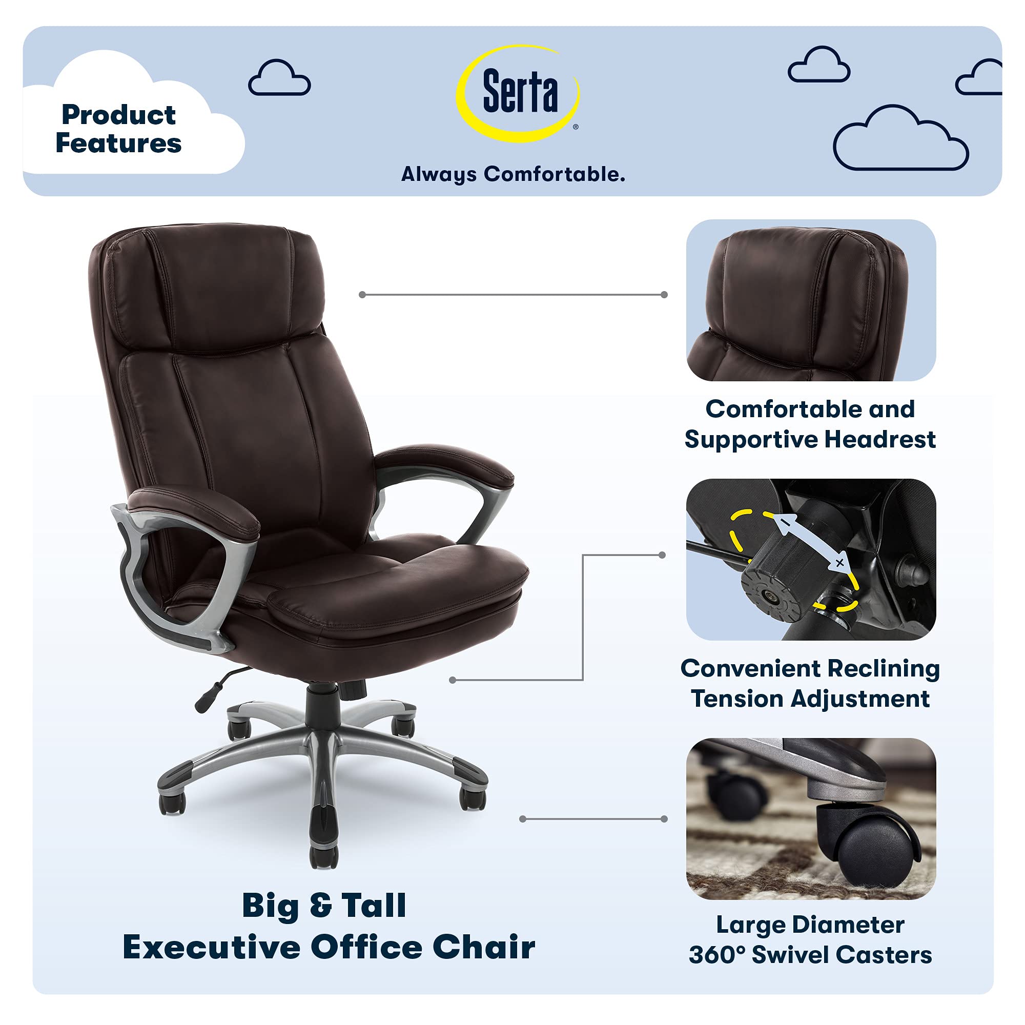 Serta Fairbanks Big and Tall High Back Executive Office Chair - Ergonomic Gaming Computer Chair with Layered Body Pillows & Contoured Lumbar Support (Brown) | Perfect for Home Office, Gaming Setup & Workspace Comfort