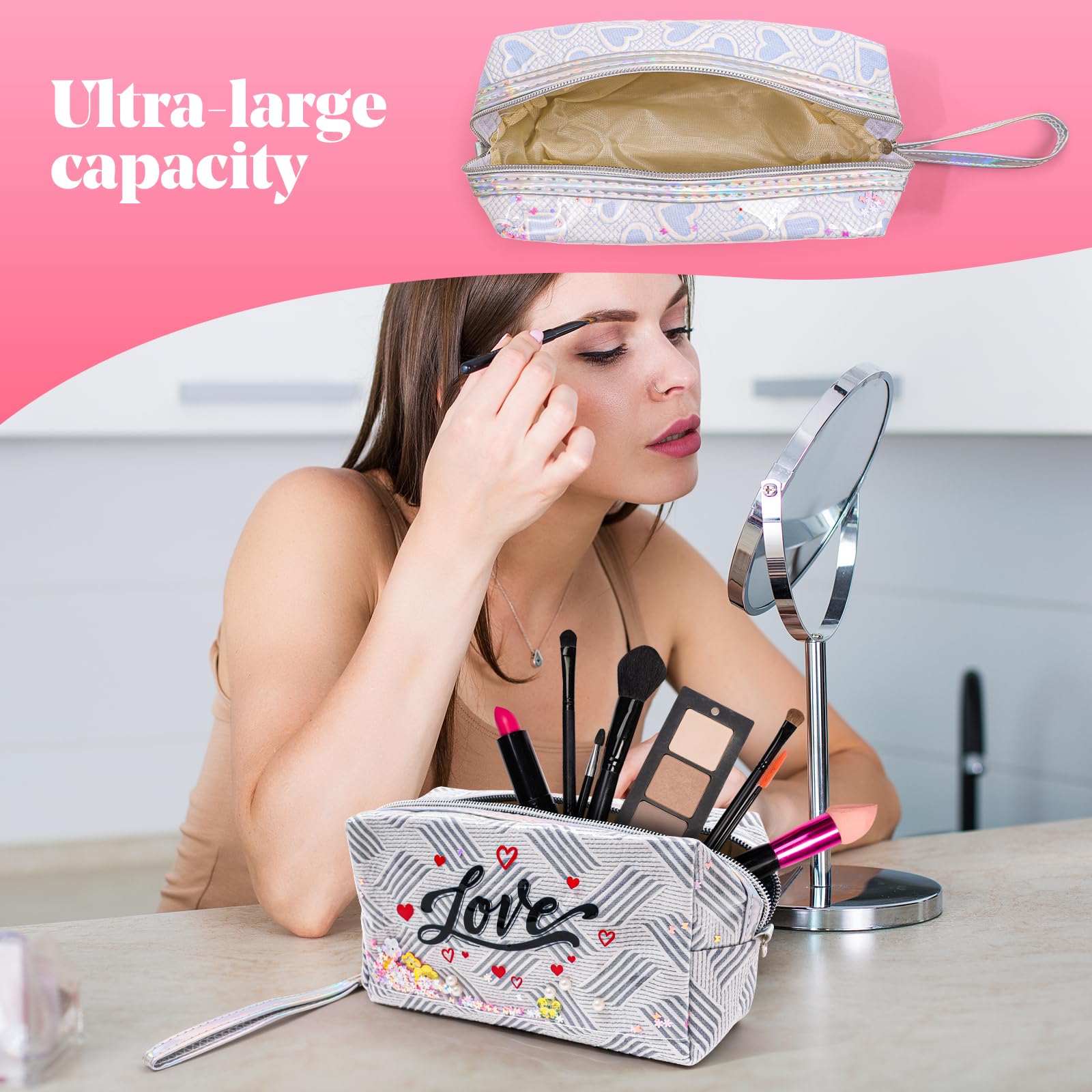 Waterproof Travel Makeup Bag - Large Capacity Cosmetic Organizer with Zipper & Handle - Portable Toiletry Case for Women - Perfect for Airplane, Gym & Vacation (2 Pack)