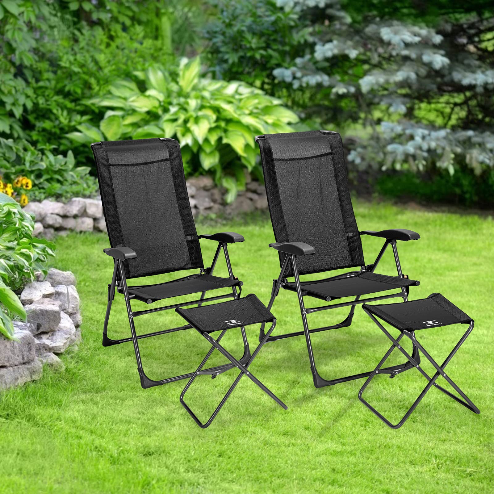 Giantex 4-Piece Folding Patio Chair Set - 2 Pack Adjustable Sling Chairs with Footrest for Outdoor Dining, Camping, Lawn & Poolside Relaxation | Portable Garden Chairs for Porch, Yard, Backyard & Beach Use