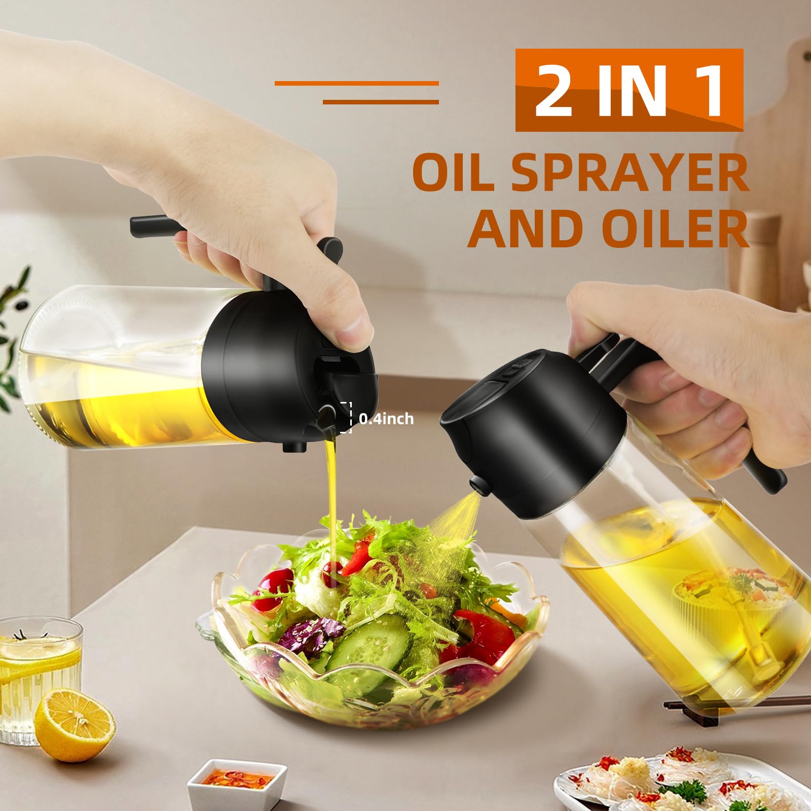 2 in 1 Glass Olive Oil Sprayer & Dispenser - 16oz Kitchen Oil Mister for Cooking, Air Fryer, Salad, BBQ - Perfect for Healthy Cooking, Baking & Grilling