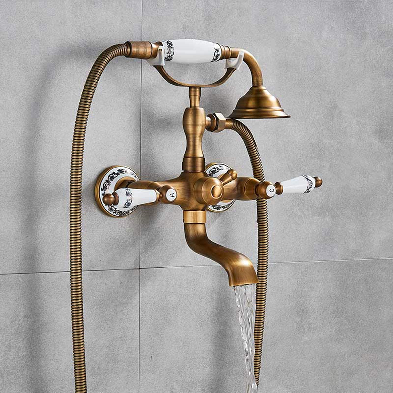 Antique Brass Bathtub Faucet with Handheld Shower - Luxury Wall Mount Tub Mixer Tap with Dual Handles - Vintage Bathroom Fixture for Classic & Modern Bathrooms