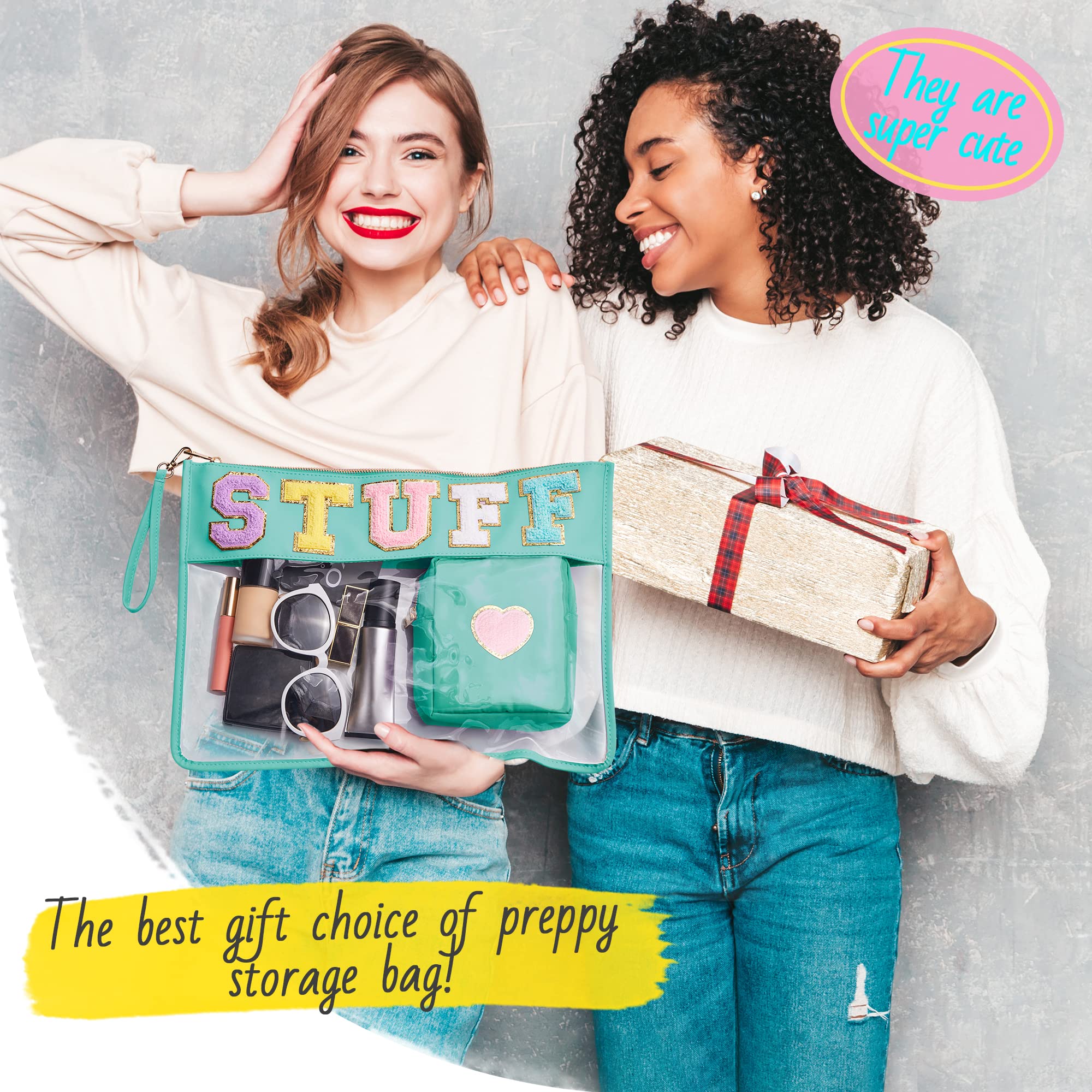 **2 Pack Large Chenille Letter Tote Bags - PU Waterproof Clear Cosmetic Pouch for Travel, Snacks, Makeup & Sunscreen Storage - Trendy Preppy Gift for Women & Girls (Perfect for Beach, Gym, School & Vacation)**