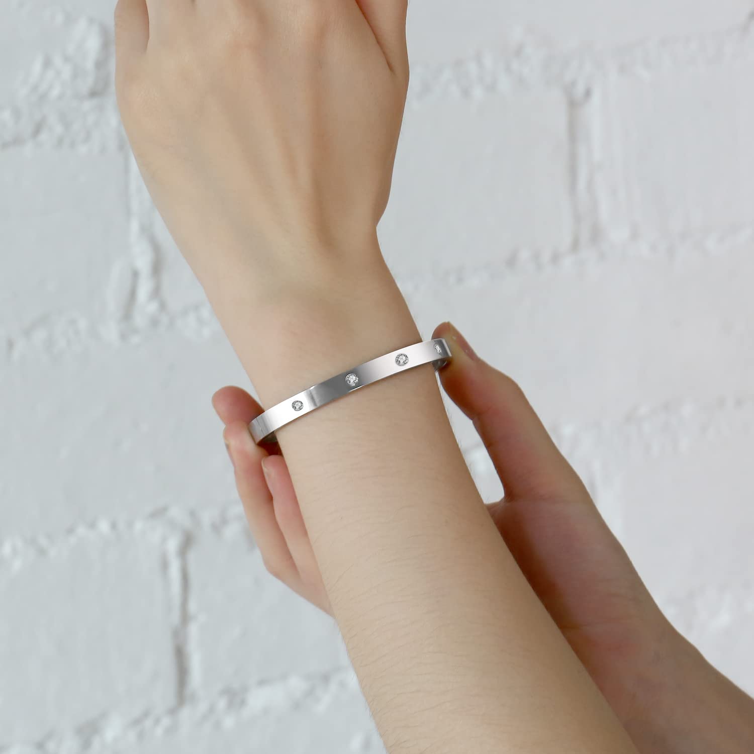 CONRAN KREMIX Inspirational Silver Bangle Bracelet for Women - Stainless Steel Oval Bracelet with Cubic Zirconia Stones, Non-Tarnish Jewelry Gift for Her (Birthday, Anniversary, Graduation) - Perfect for Everyday Wear, Special Occasions & Gift Giving