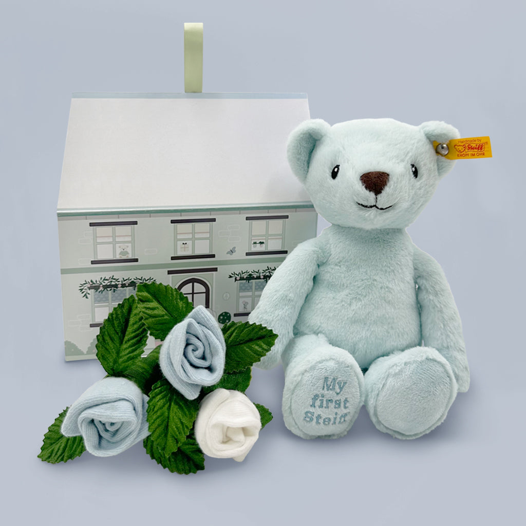 Steiff New Baby Gift Box - Premium Blue Plush Teddy Bear for Newborns | Perfect Baby Shower, Christening & First Birthday Gift