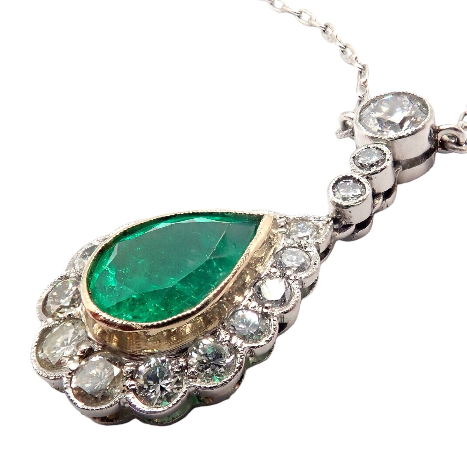 Vintage Platinum Diamond Emerald Earrings and Necklace Set - Elegant Estate Jewelry for Weddings, Anniversaries & Special Occasions