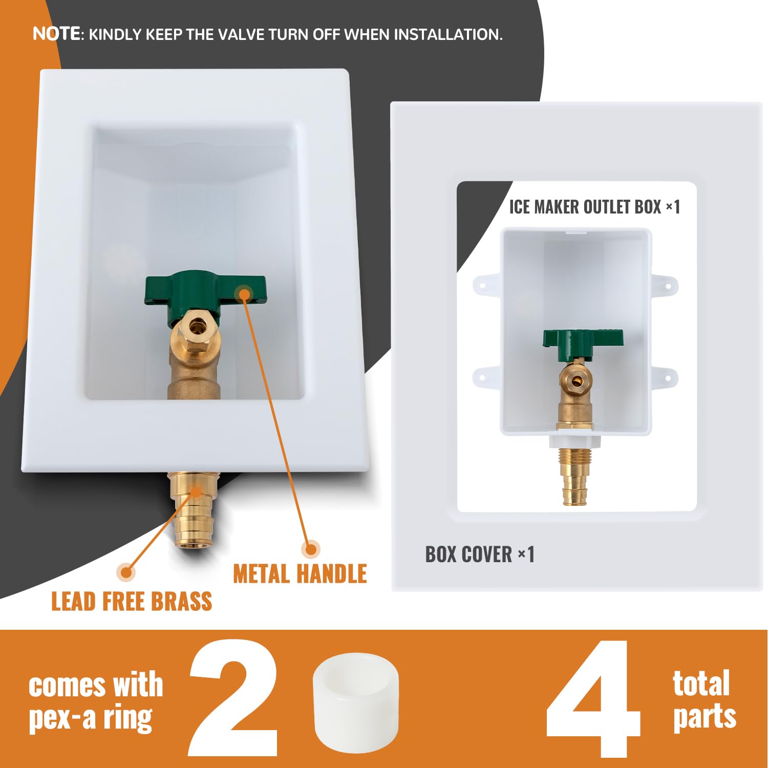 SUNGATOR Pex A Ice Maker Outlet Box - 1/2 Inch Pex Expansion Inlet to 1/4 Inch OD Compression Outlet - Ice Maker Valve Wall Box with 2 Expansion Rings - Compatible with Refrigerators & Water Dispensers - Perfect for Home Kitchen, RV, and Commercial Ice Machine Installations