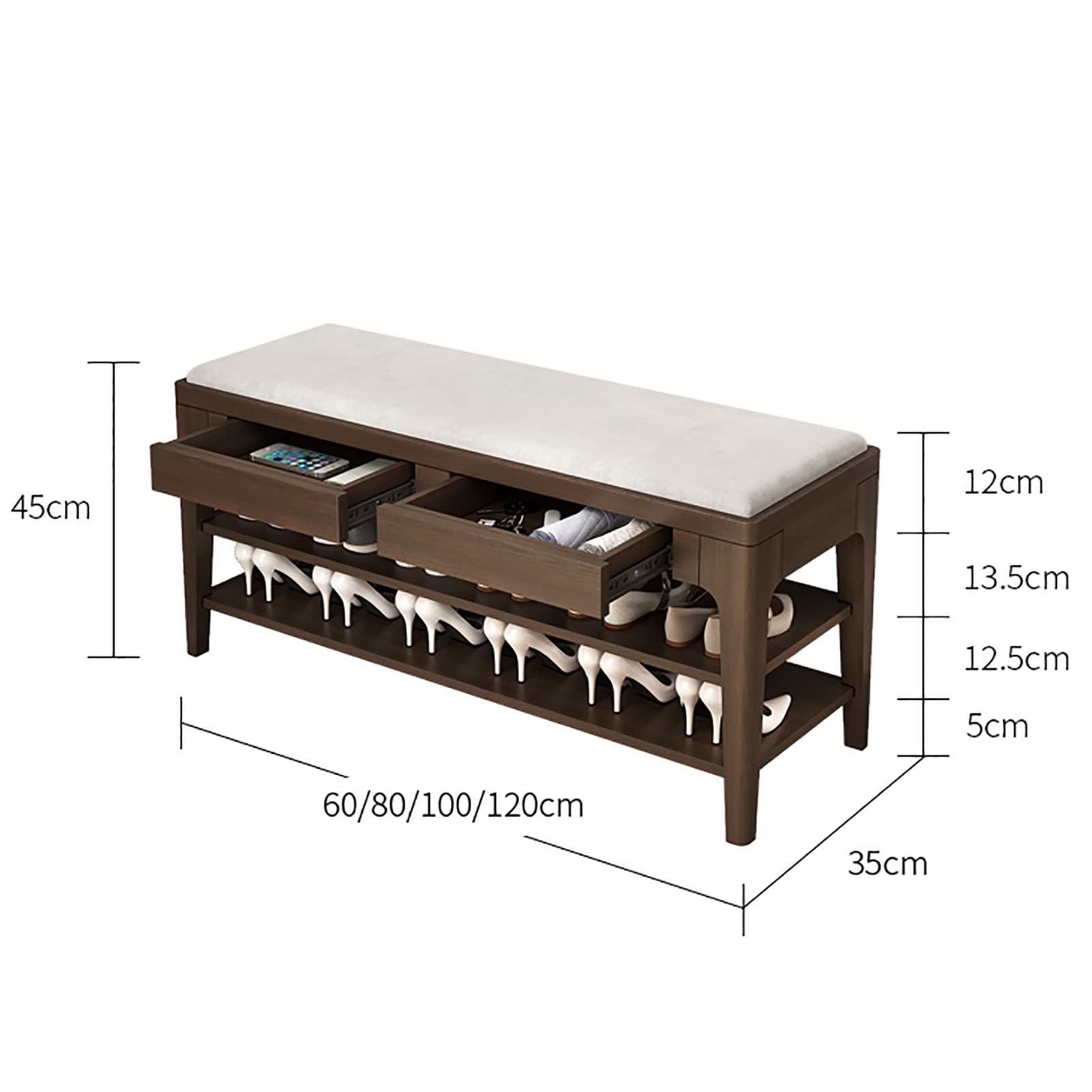 Solid Wood Entryway Shoe Bench with Drawer - Upholstered Storage Organizer with Cotton Linen Cushion, 2-Tier Dark Walnut (100x35x45cm) - Perfect for Hallway, Mudroom & Small Space Organization