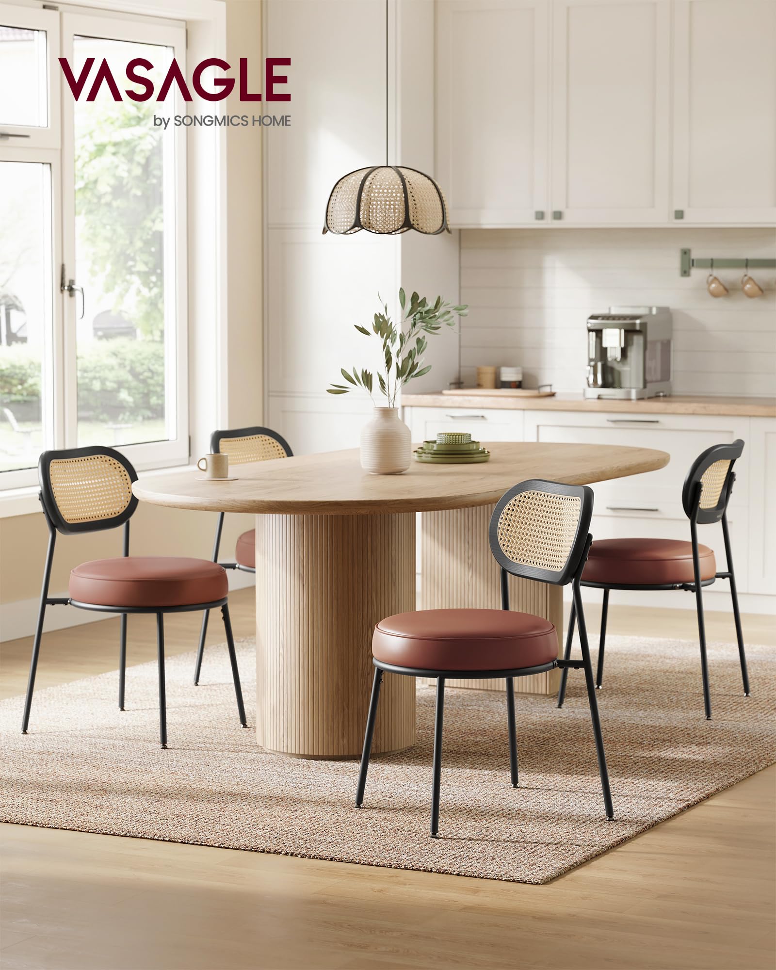VASAGLE 4-Piece Boho Dining Chair Set with PE Rattan Back & Synthetic Leather Upholstery - Mid-Century Modern Kitchen & Living Room Accent Chairs in Coffee Brown | Perfect for Dining Rooms, Breakfast Nooks & Home Decor ULDC160K24