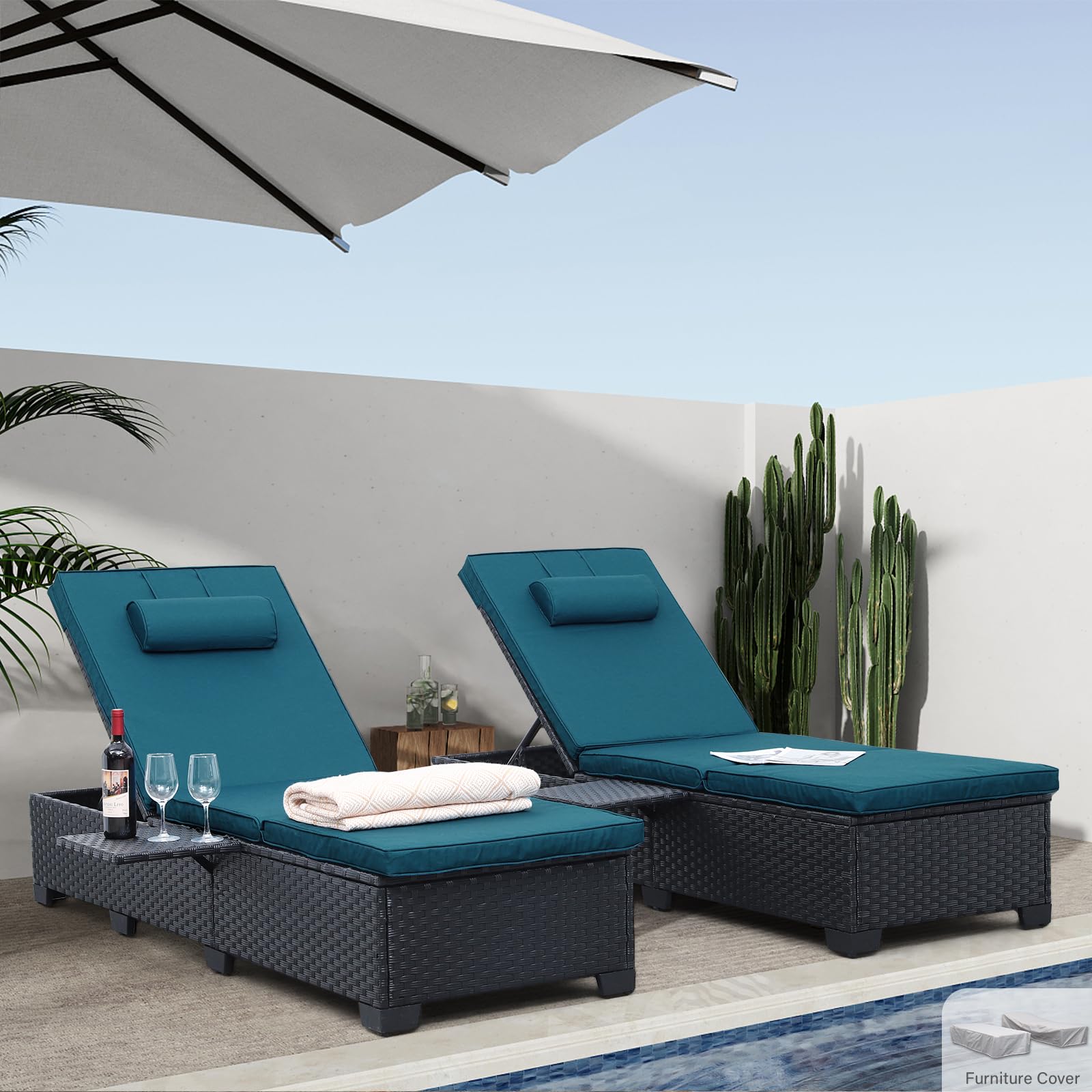 Outdoor Chaise Lounge Chairs Set of 2 - Black Wicker Rattan Reclining Pool Sunbathing Chair with Adjustable Backrest & Peacock Blue Cushion - Patio Furniture for Backyard, Beach, and Poolside Relaxation