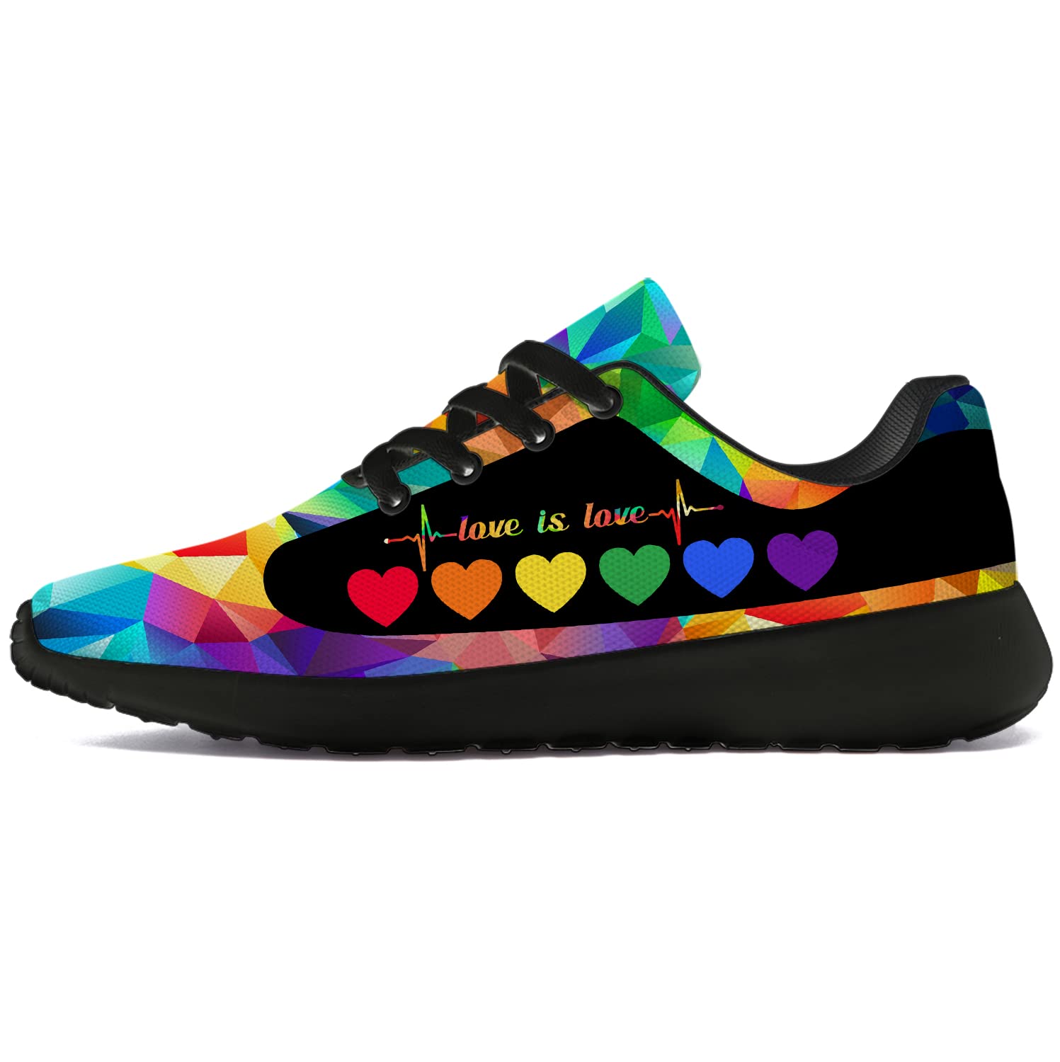 **Rainbow Pride Running Shoes for Men & Women - LGBT Walking Tennis Sneakers with Hearts - Size 10 Men/11.5 Women Black - Perfect for Pride Parades, Gym Workouts & Casual Wear**