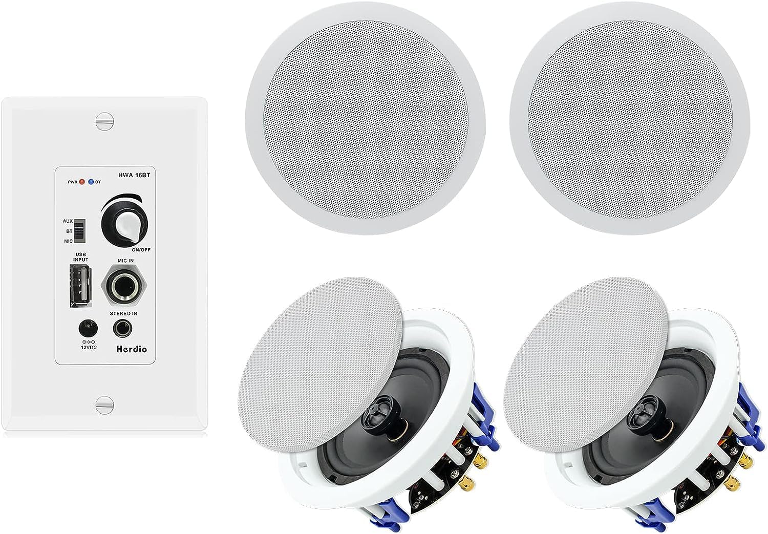Herdio 640W In-Wall Bluetooth Amplifier & Volume Control Receiver with 6.5 Inch Ceiling Speakers (2 Pairs) - Complete Home Audio System for Multi-Room Music, Home Theater & Background Sound