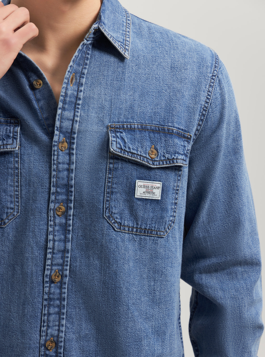 Guess Women's Regular Fit Denim Shirt - Classic Blue Washed Cotton Button-Up Top for Casual Wear & Layering
