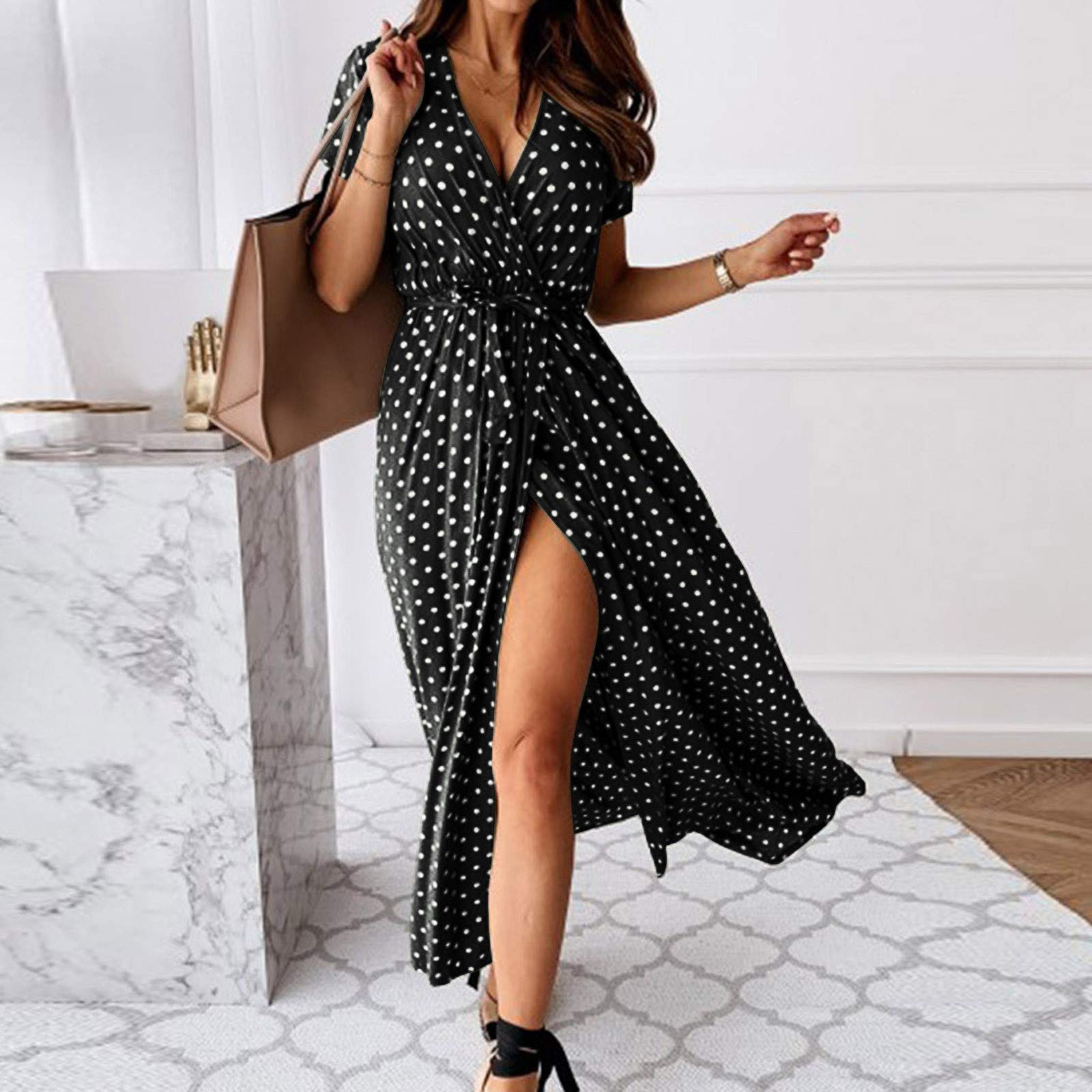 Women's Polka Dot Print V-Neck Short Sleeve Midi Sundress with Side Slit - Perfect for Summer Outings, Beach Vacations, and Casual Date Nights
