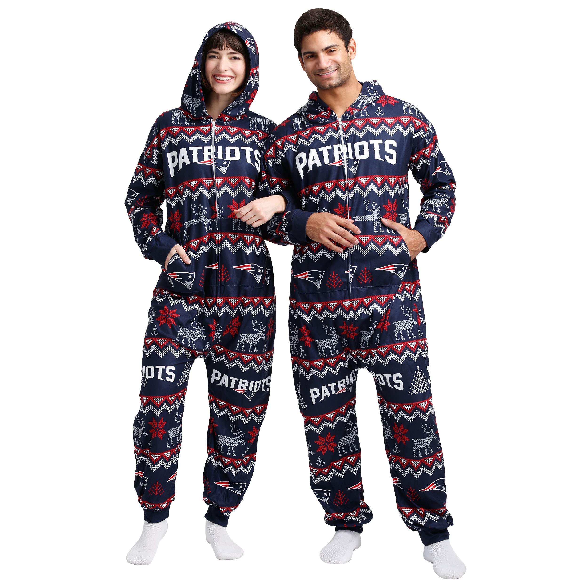 New England Patriots NFL Ugly Christmas Sweater Pattern One-Piece Pajamas for Men - Cozy Holiday Sleepwear for Game Day & Christmas Gifts