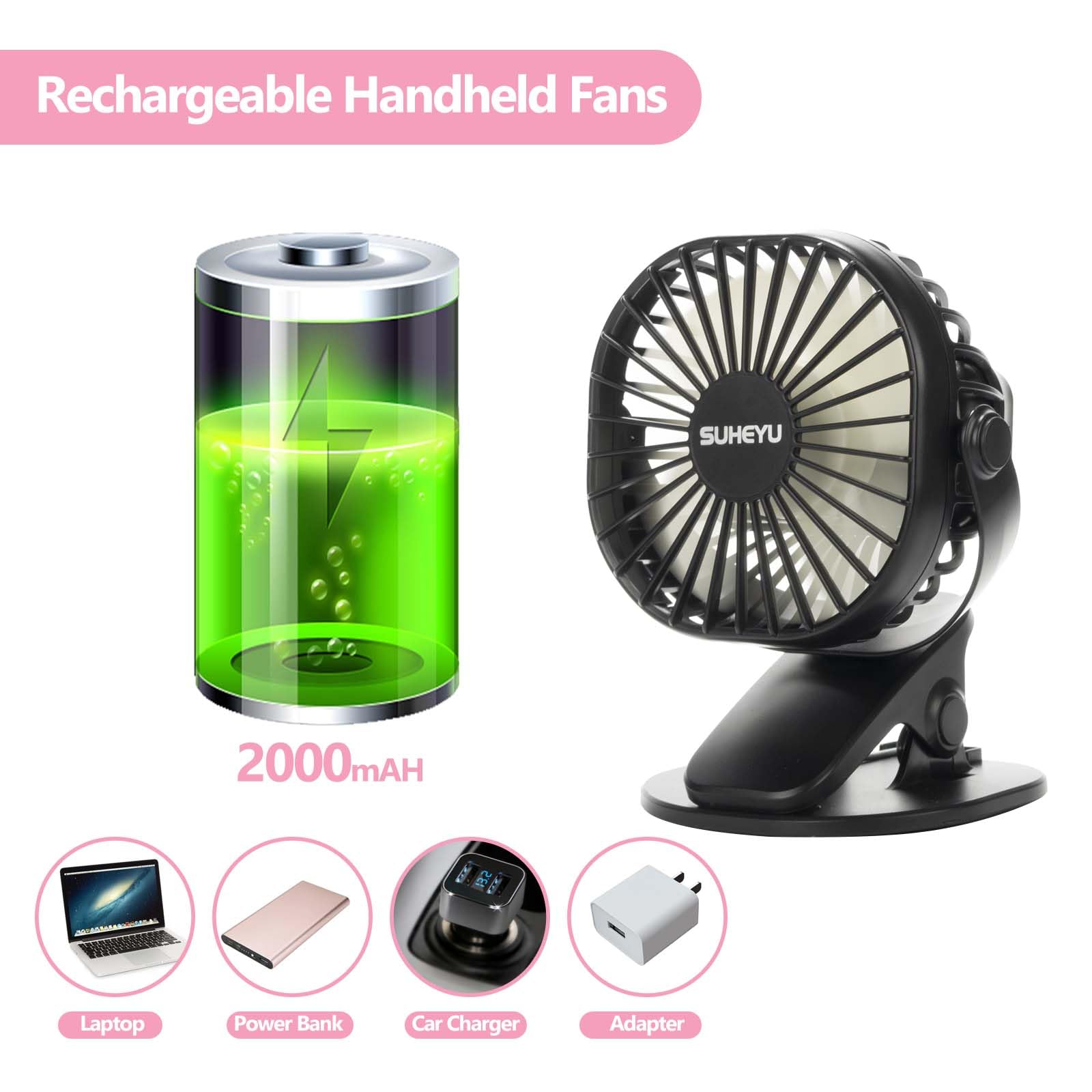360° Rotatable Clip on USB Desk Fan - 3 Speed Adjustable Portable Small Fan for Office, Golf Cart, Camping, Travel & Gym - Black | Perfect for Indoor & Outdoor Use