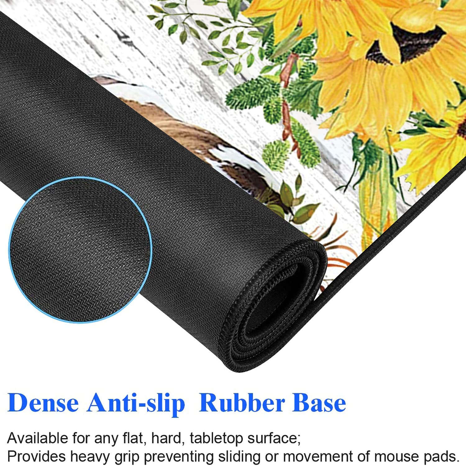 XXL Large Gaming Mouse Pad - Extended Ergonomic Computer Desk Mat with Non-Slip Rubber Base, Thick Keyboard & Mouse Pad with Cup Holder - Rustic Wooden Planks Texture Featuring Sunflowers & Cows Design - Perfect for Gaming, Office Work & Home Computer Setup