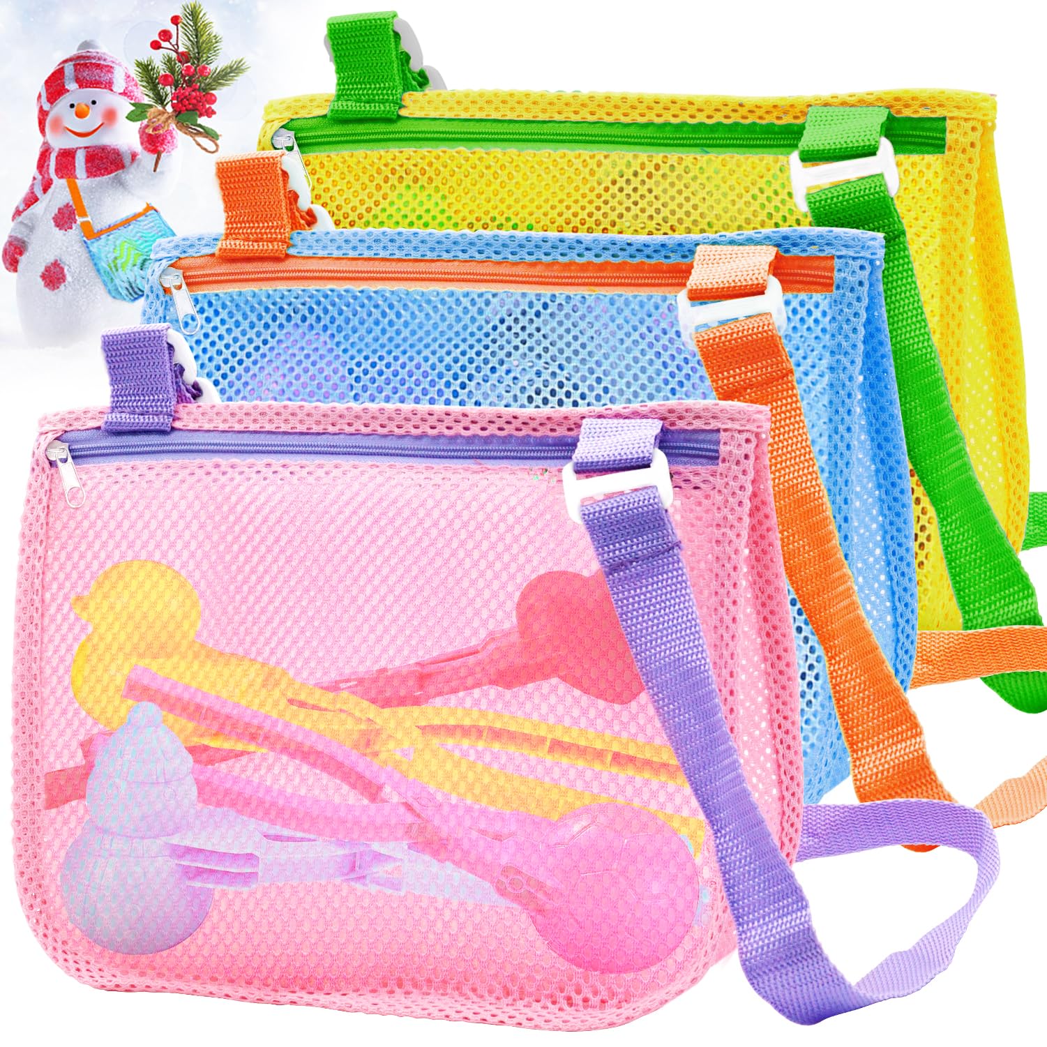 3Pcs Mesh Beach Toy Bags with Adjustable Shoulder Straps - Shell Collecting Bags for Kids, Sand & Snow Toys, Perfect for Beachcombing, Seashell Hunting, and Outdoor Adventures