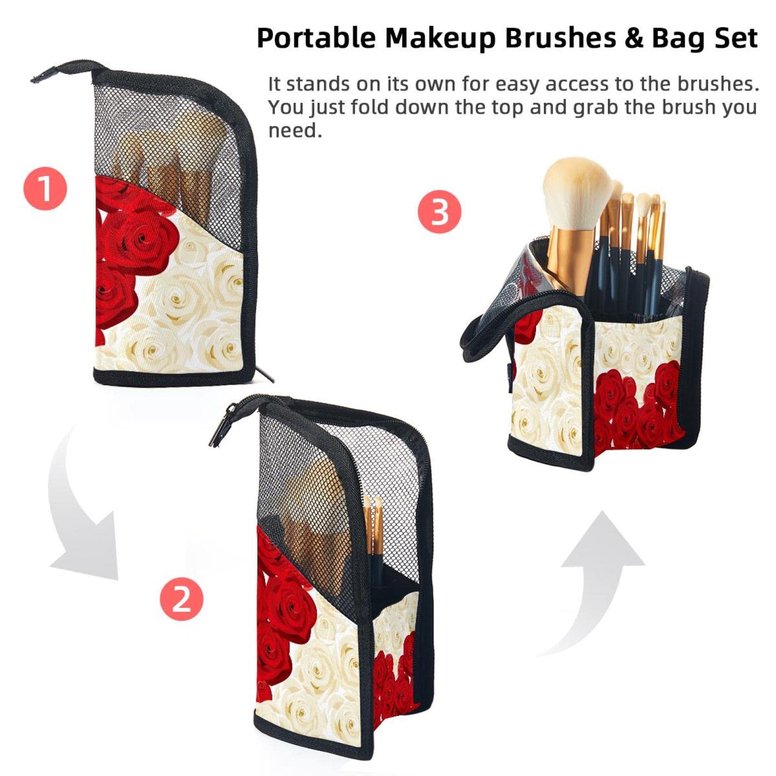 12-Piece Makeup Brush Organizer Bag with Heart & Floral Design - Portable Cosmetic Brush Holder Case for Travel, Home Vanity & Professional Makeup Artists