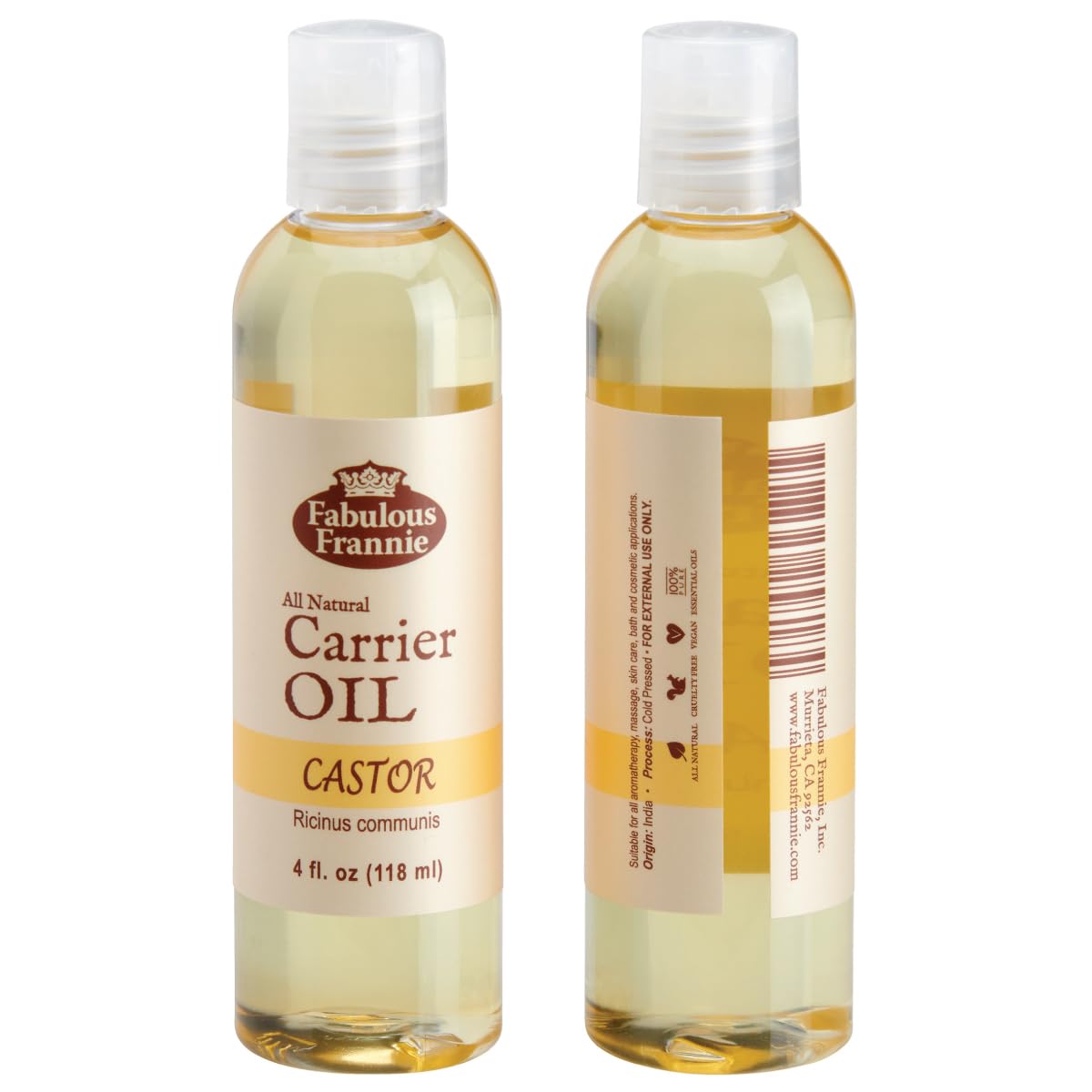 Fabulous Frannie Castor Oil - 100% Pure & Natural Carrier Oil for Hair Growth, Skin Care & Eyelashes - 4 oz (Pack of 1) - Perfect for DIY Beauty, Massage & Aromatherapy