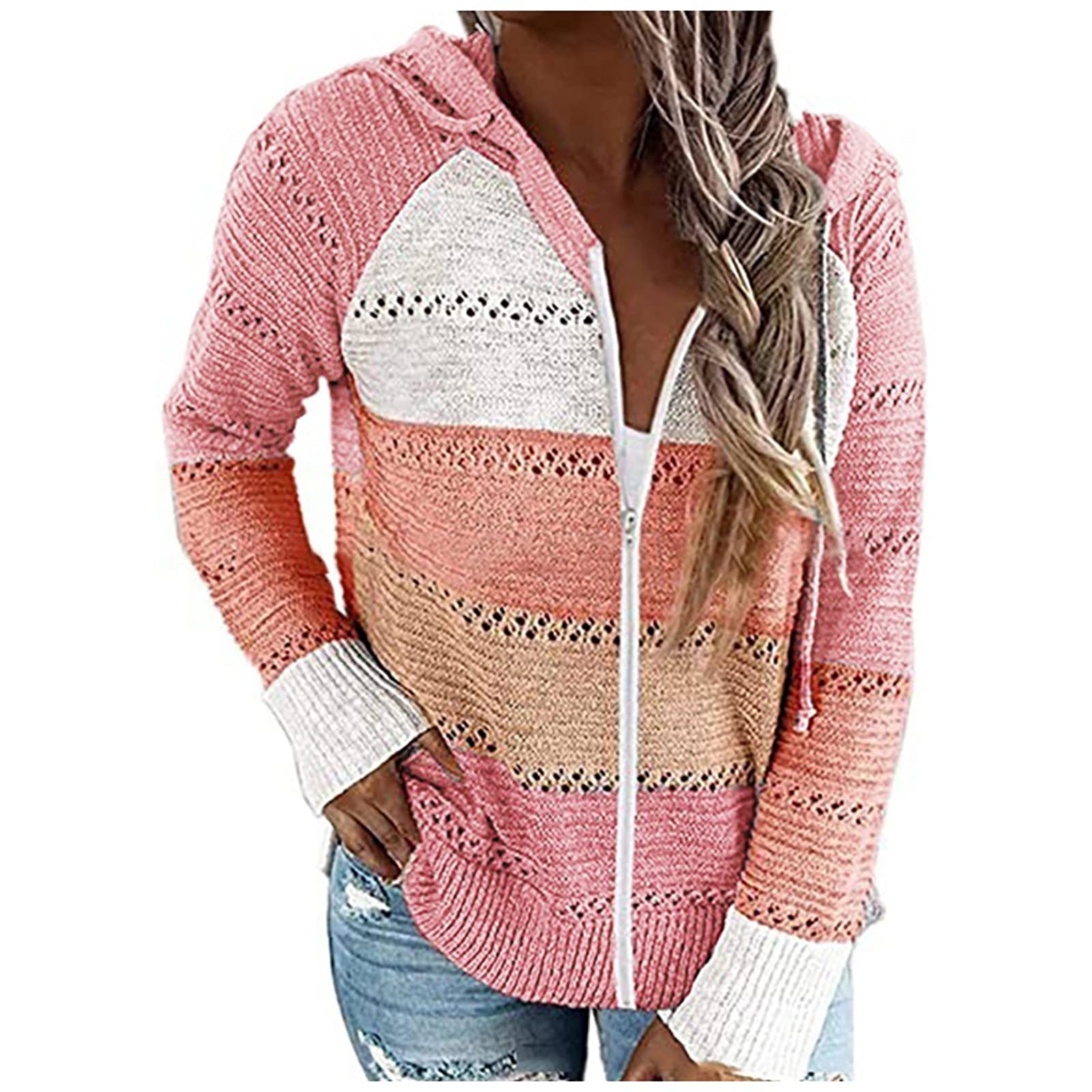 MKHSQHDG Women's Casual Color Block V-Neck Long Sleeve Hooded Sweater Pullover - Green Fall Fashion Top for Work, Travel & Outdoor Activities