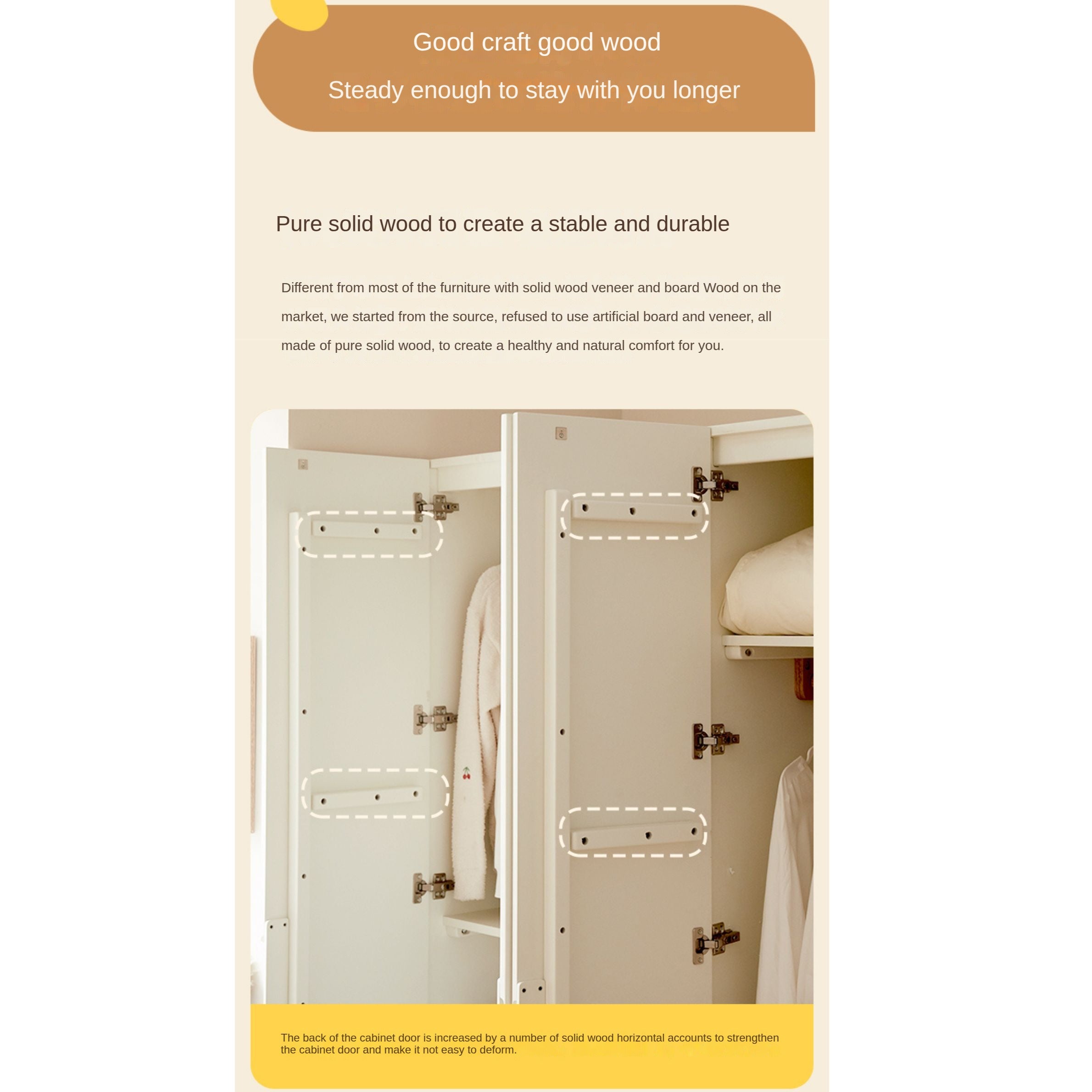 Modern Nordic Style Solid Wood Wardrobe - Beech & Rubber Wood, Cream Finish - Perfect for Bedroom, Living Room, and Office Storage