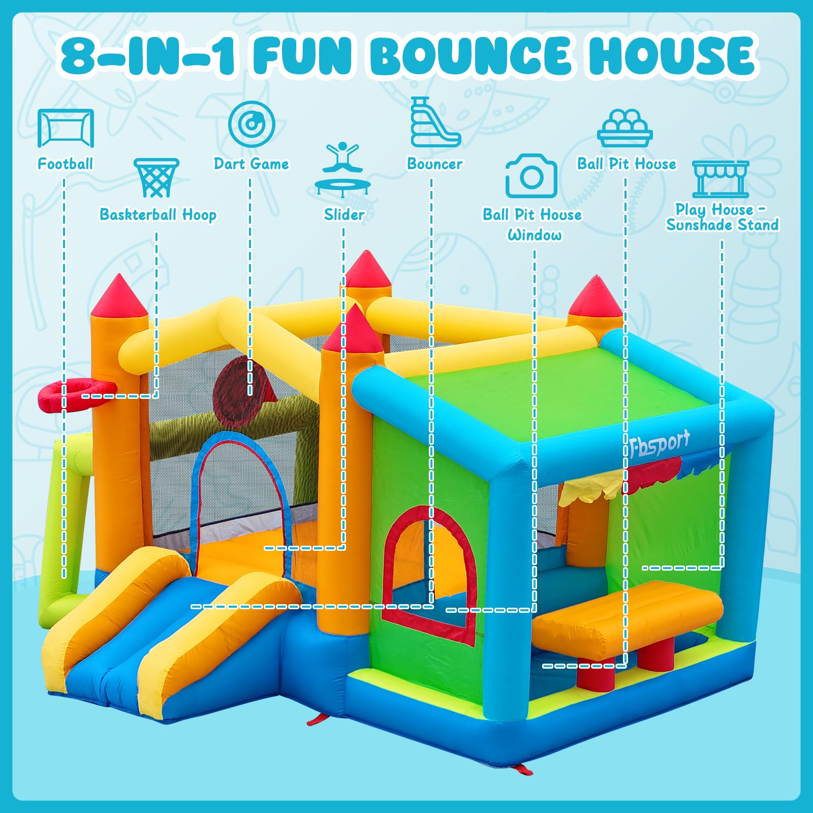 FBSPORT Inflatable Bounce House with Ball Pit & Toy Market Stand - Kids Bouncy Castle for Outdoor & Indoor Play - Includes 480W Blower for Birthday Parties, Backyard Fun & Family Gatherings