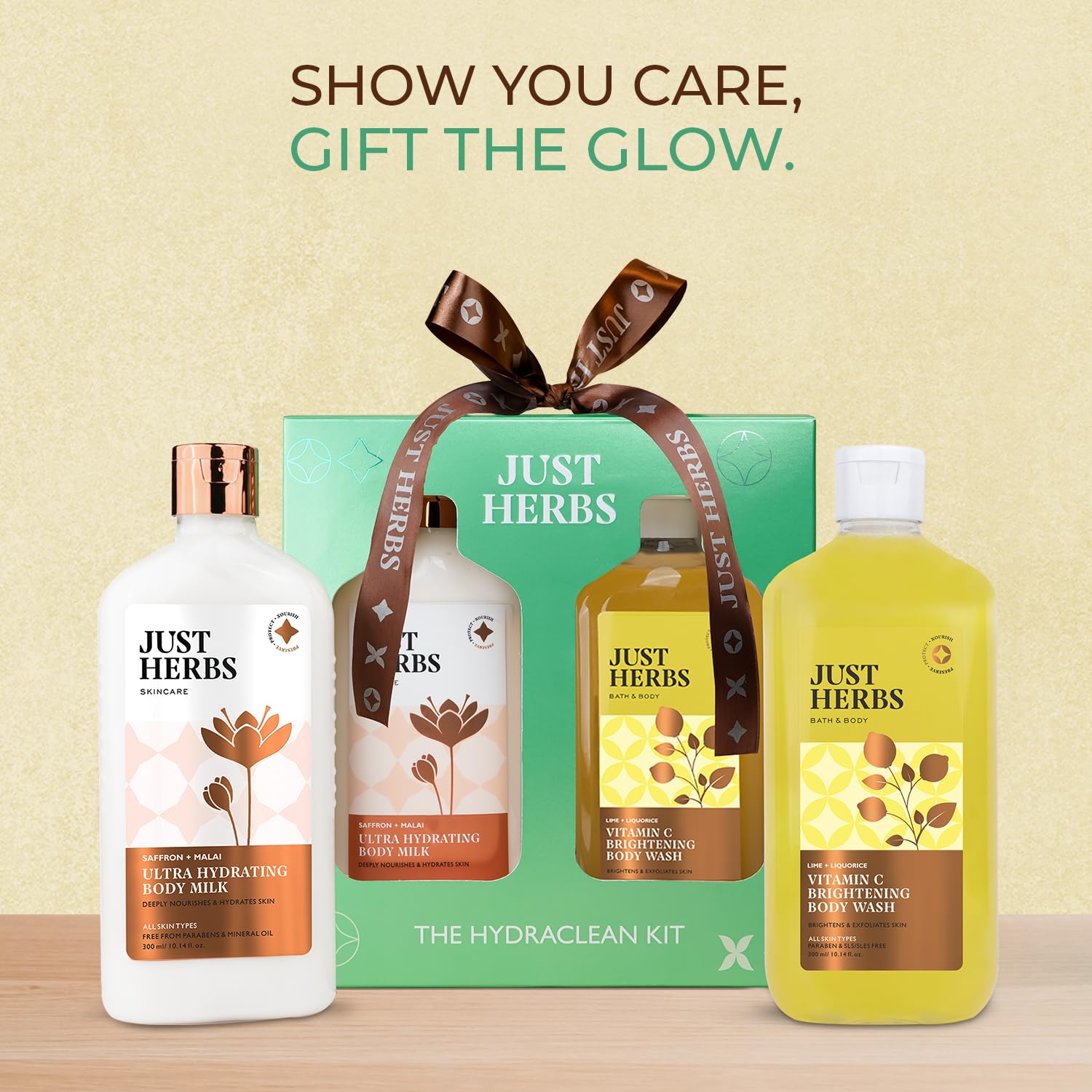 Just Herbs Saffron Malai Body Milk & Charcoal Body Wash Gift Set - Detox & Hydrate Hydraclean Kit for Men & Women (2 x 300ml) | Perfect for Spa Day, Self-Care Routine & Gifting
