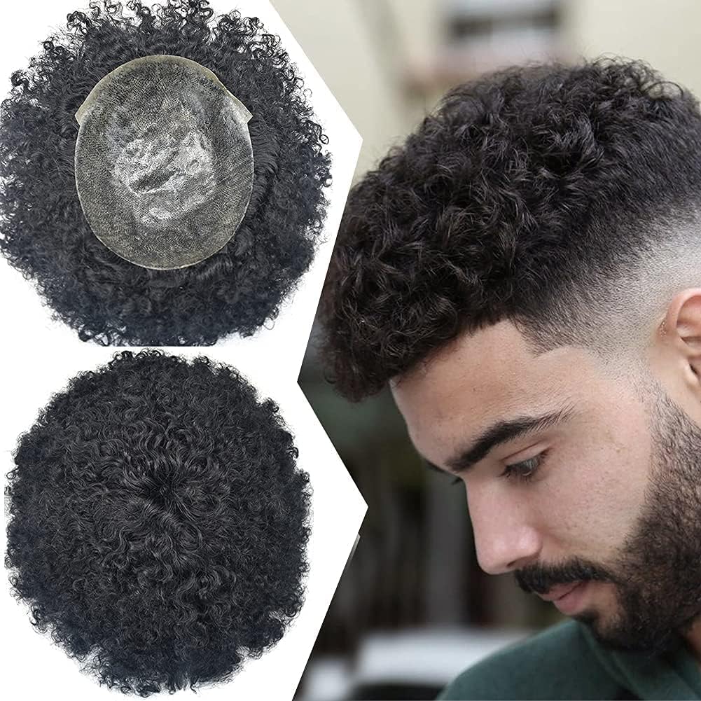 Afro Curly Toupee for Black Men - Human Hair Replacement System - Full Poly Thin Skin Kinky Curly Mens Wig (8